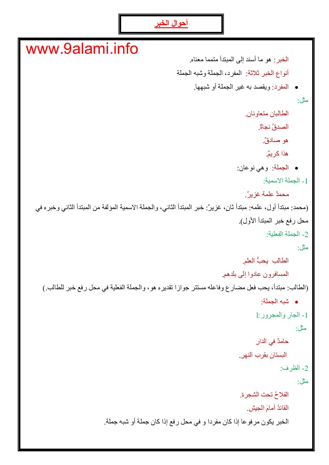 درس التراكيب أحوال الخبر - دروس لغة عربية