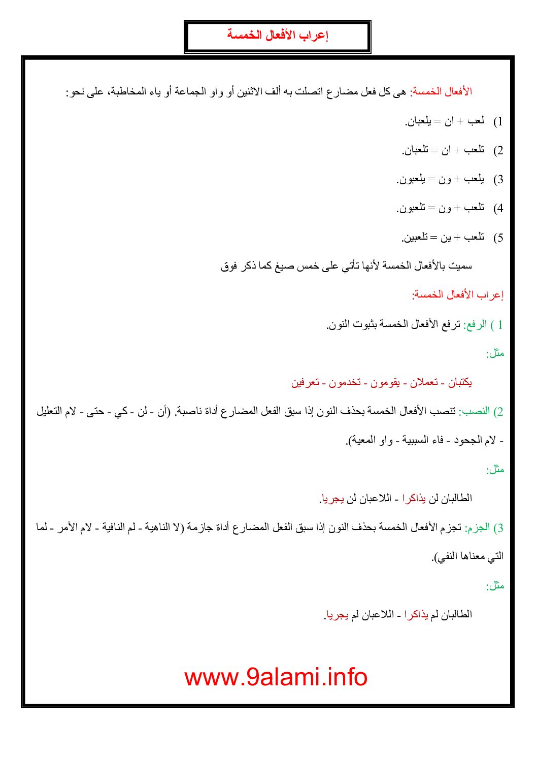 درس التراكيب  إعراب الأفعال الخمسة - دروس لغة عربية
