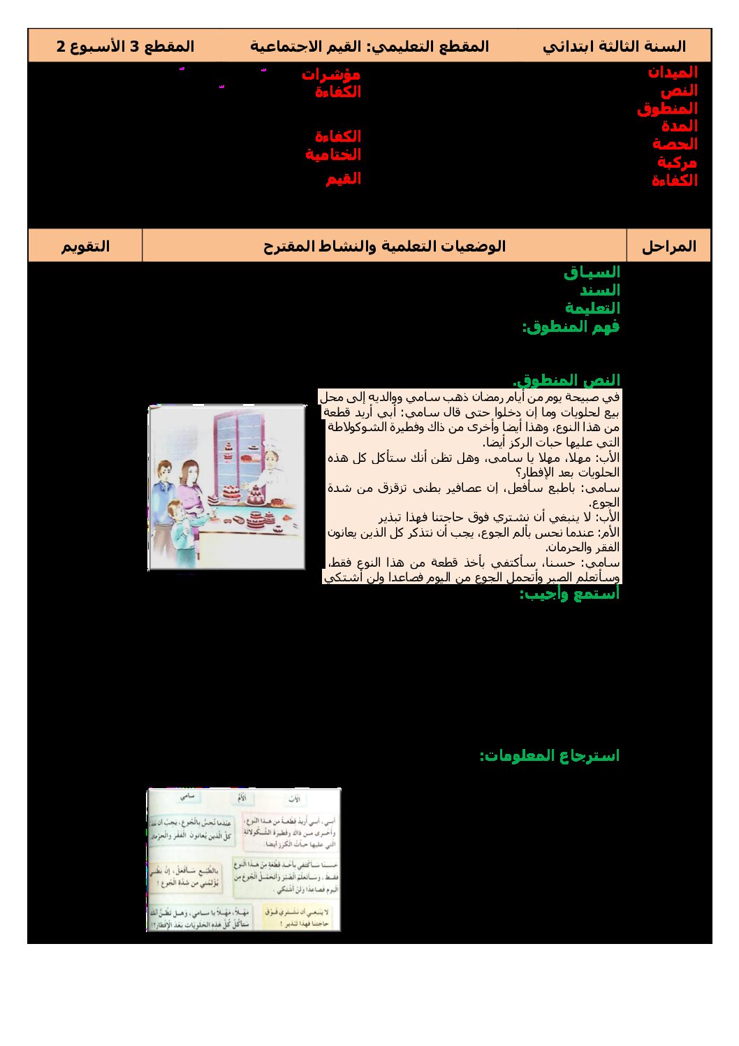 مذكرات الأسبوع 07 - الأسبوع 3 للمقطع 2 جميع المواد - السنة الثالثة ابتدائي