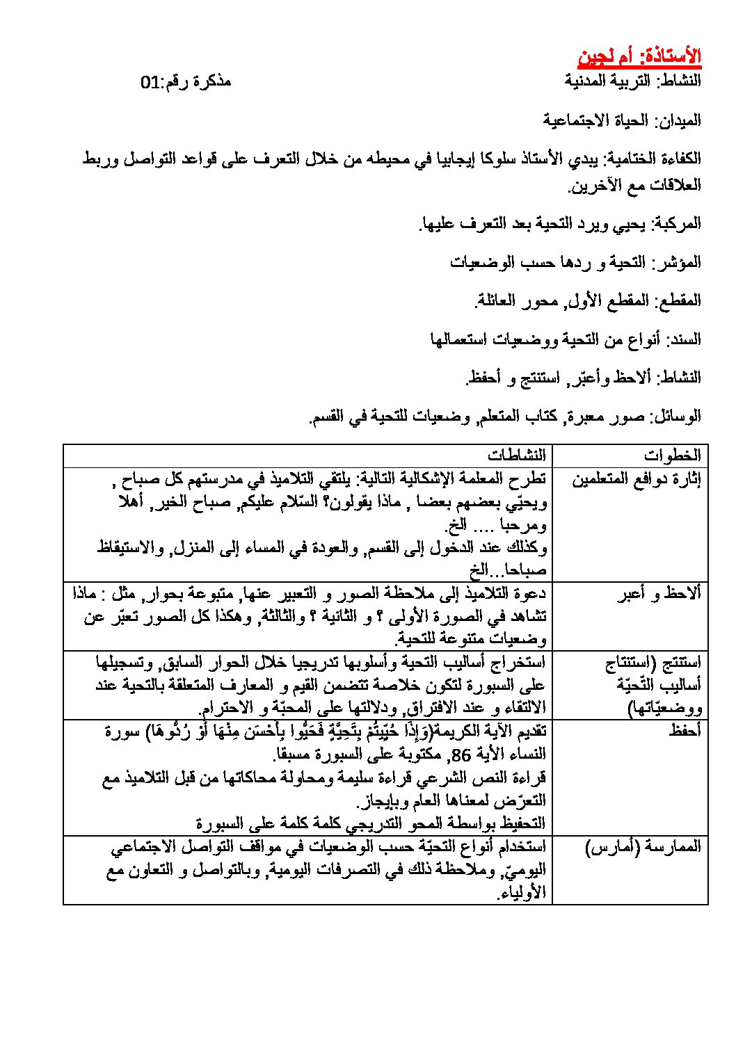 مذكرات التربية المدنية سنة أولى إبتدائي الجيل الثاني