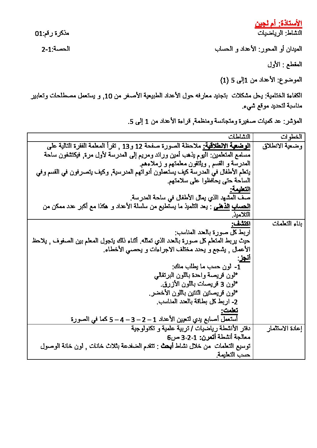 مذكرات الرياضيات سنة أولى إبتدائي الجيل الثاني