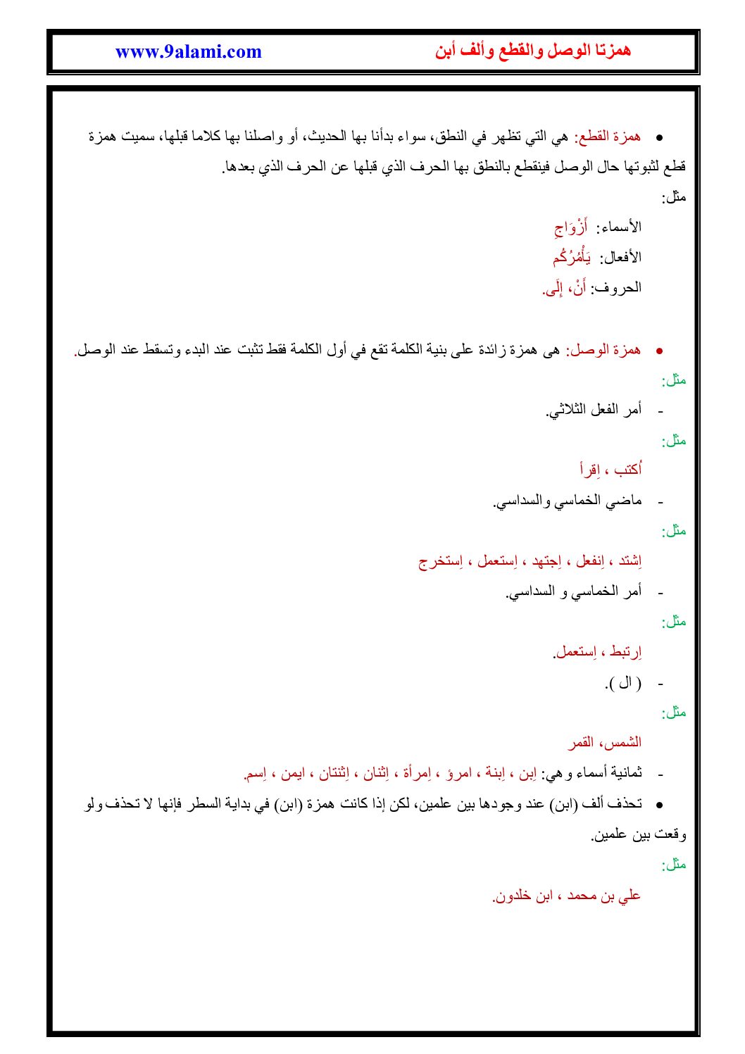 همزتا الوصل والقطع وألف إبن - دروس لغة عربية
