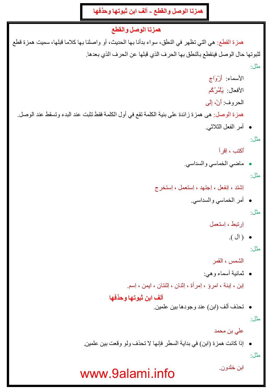 همزتا الوصل والقطع - ألف ابن ثبوتها وحذفها - دروس لغة عربية