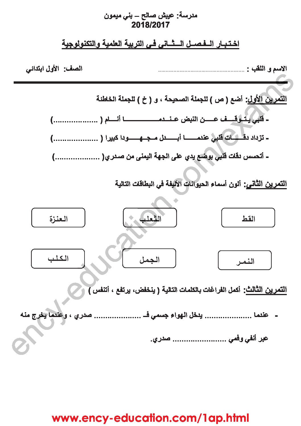 إختبار الفصل الثاني في التربية العلمية السنة الأولى ابتدائي رقم 28