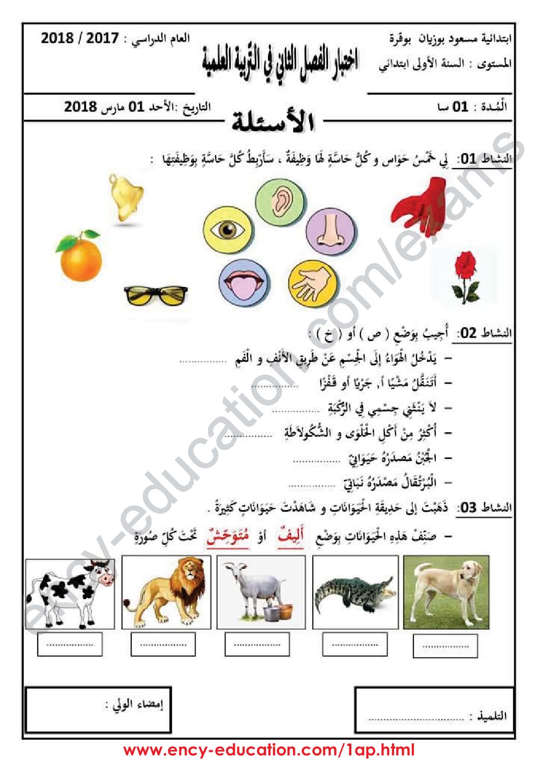 إختبار الفصل الثاني في التربية العلمية السنة الأولى ابتدائي رقم 29