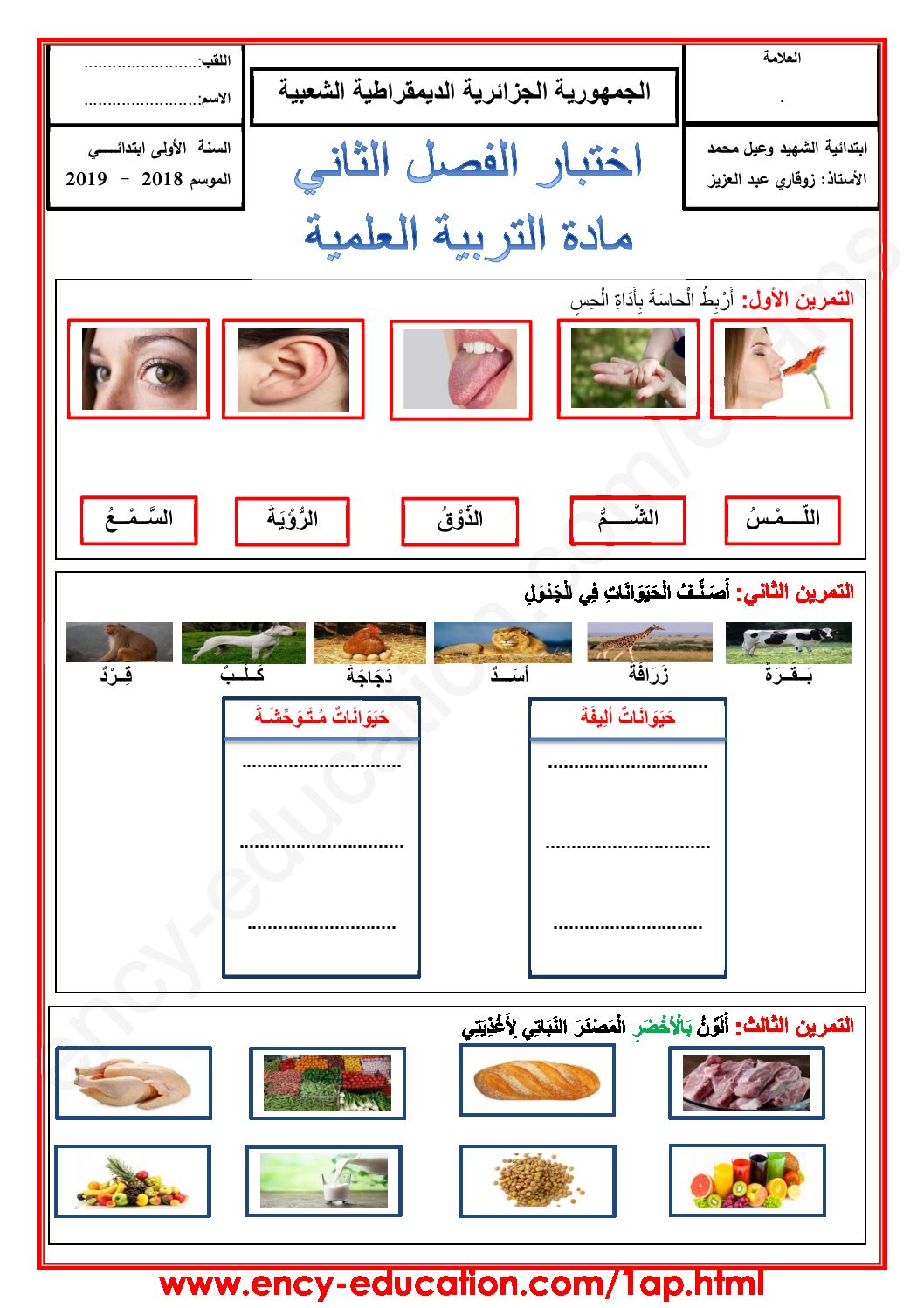 إختبار الفصل الثاني في التربية العلمية السنة الأولى ابتدائي رقم 31
