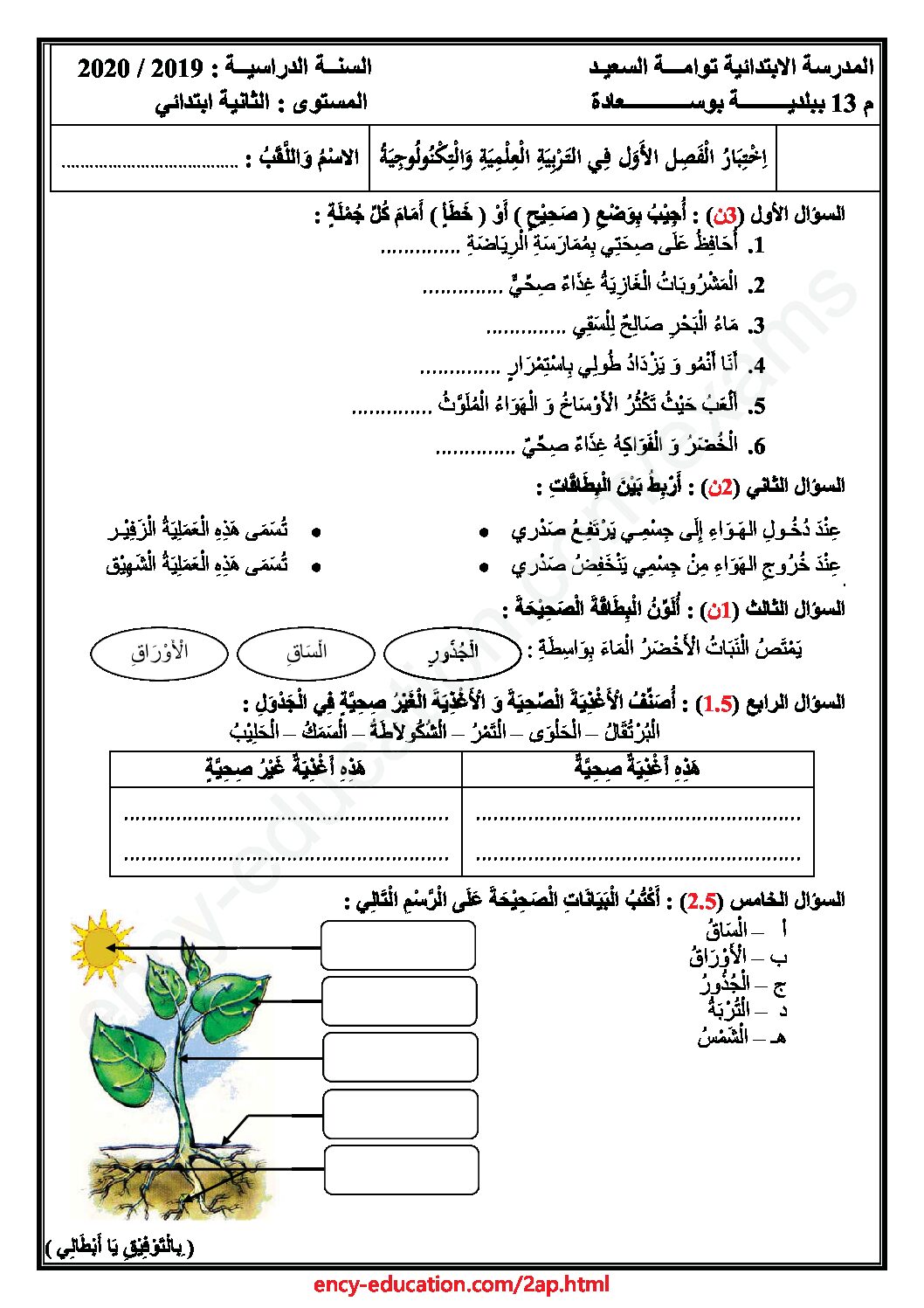إختبار الفصل الأول في التربية العلمية السنة الثانية ابتدائي رقم 40