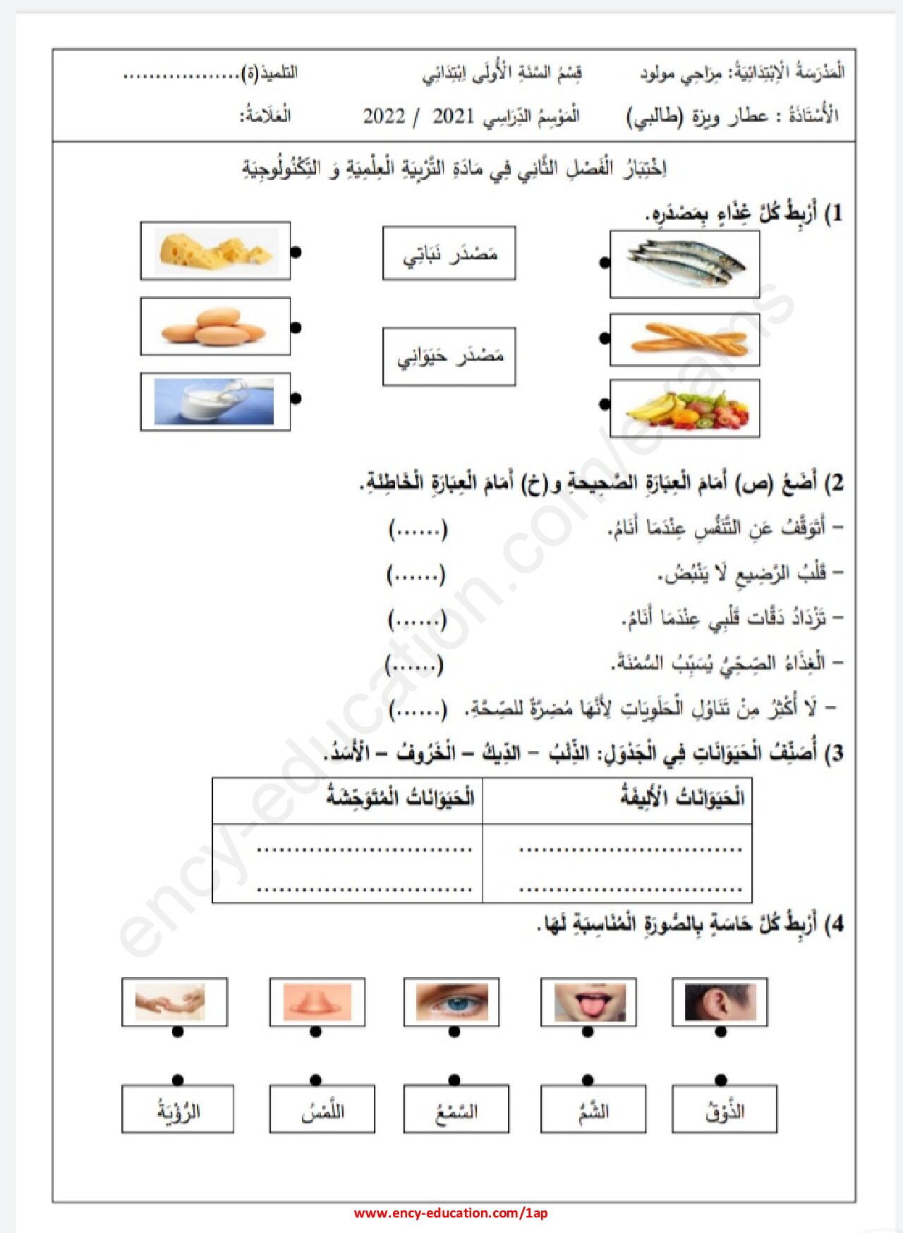إختبار الفصل الثاني في التربية العلمية السنة الأولى ابتدائي رقم 44