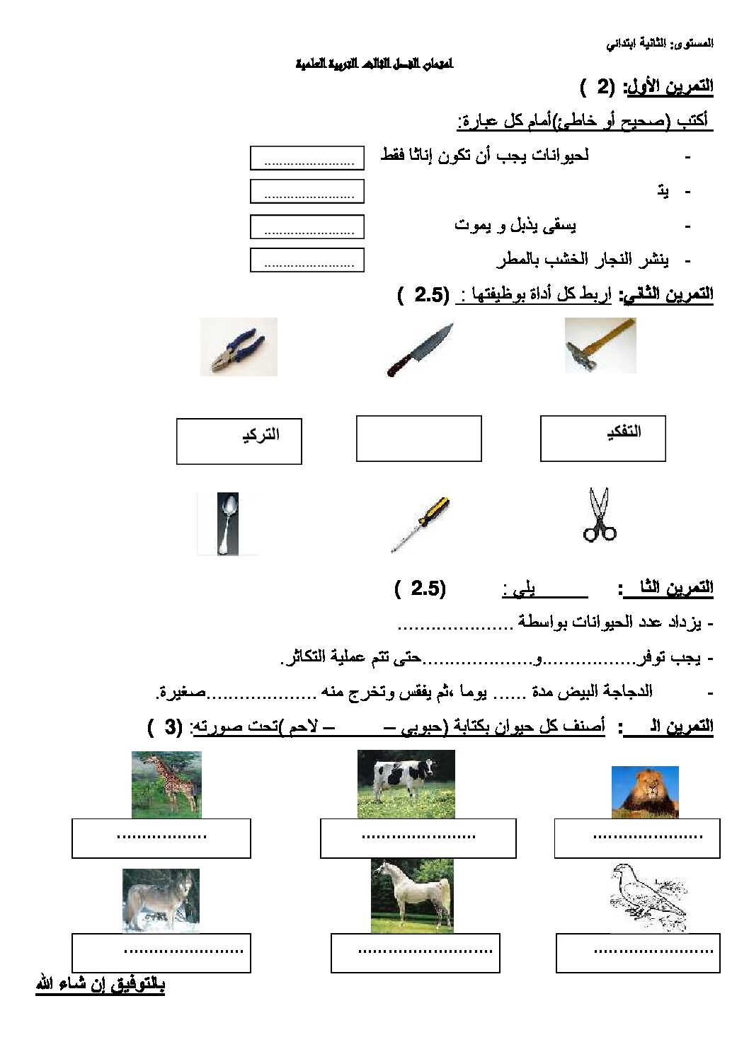 إختبار الفصل الثالث في التربية العلمية السنة الثانية ابتدائي رقم 05