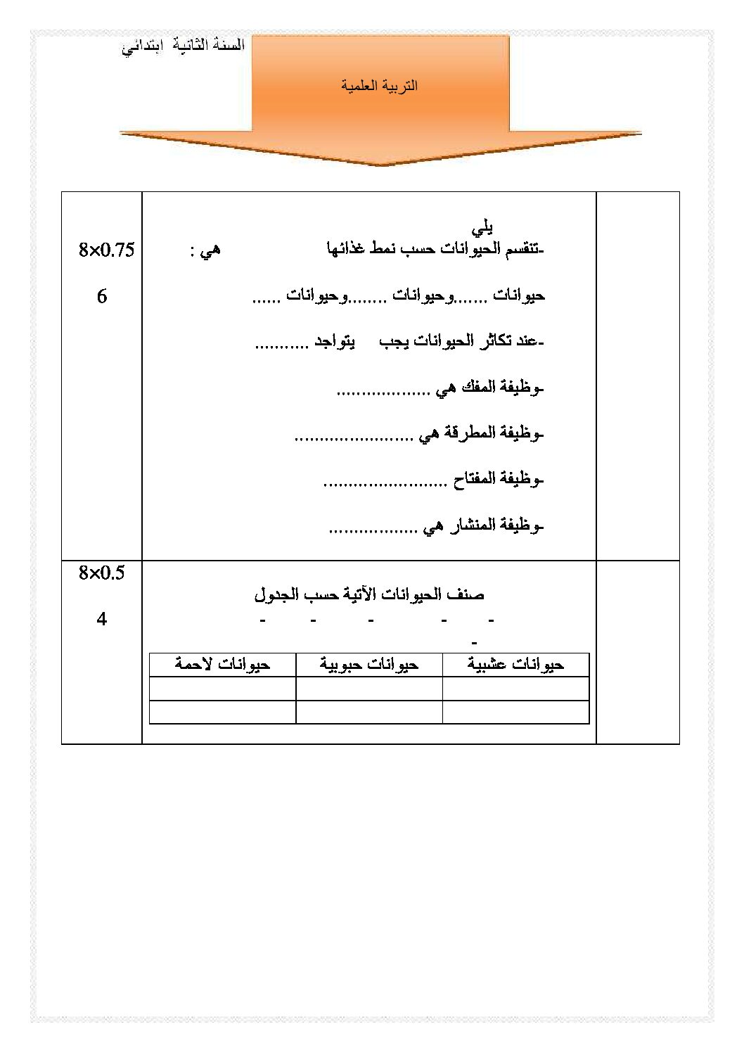 إختبار الفصل الثالث في التربية العلمية السنة الثانية ابتدائي رقم 06