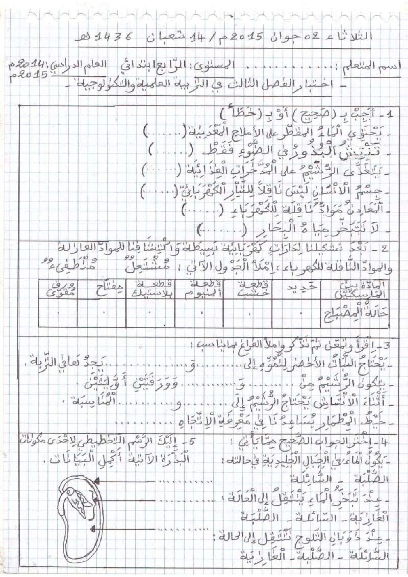 إختبار الفصل الثالث في التربية العلمية السنة الرابعة ابتدائي رقم 10