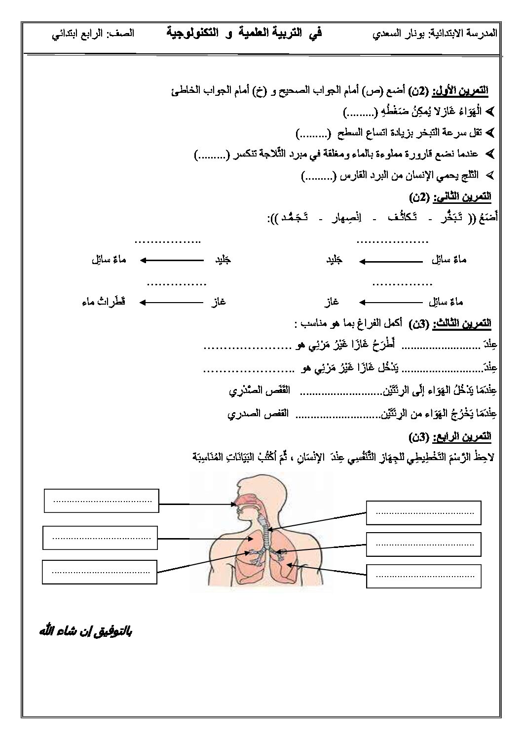 إختبار الفصل الأول في التربية العلمية السنة الرابعة ابتدائي رقم 12