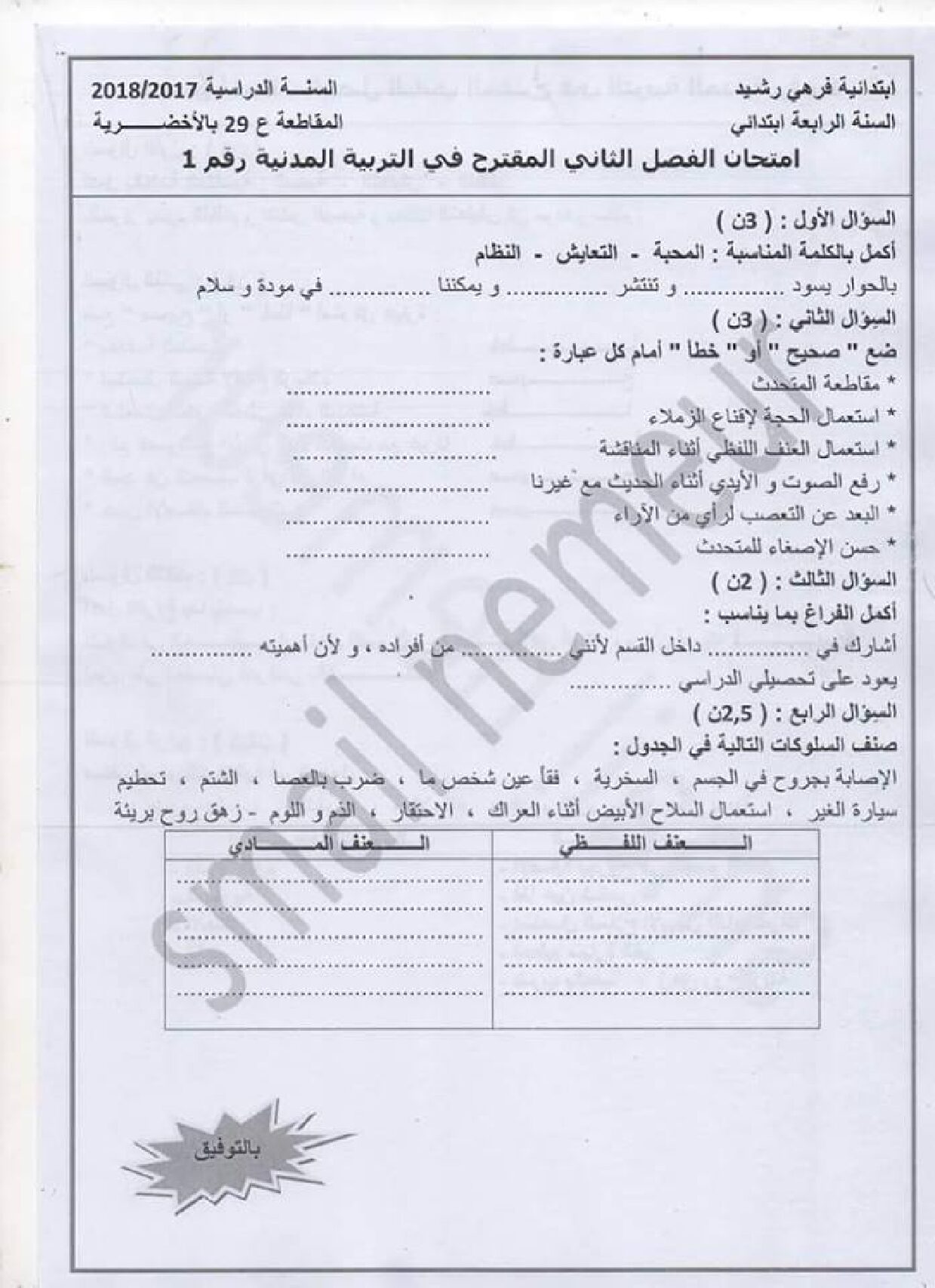 إختبار الفصل الثاني في التربية المدنية السنة الرابعة ابتدائي رقم 21 مع التصحيح
