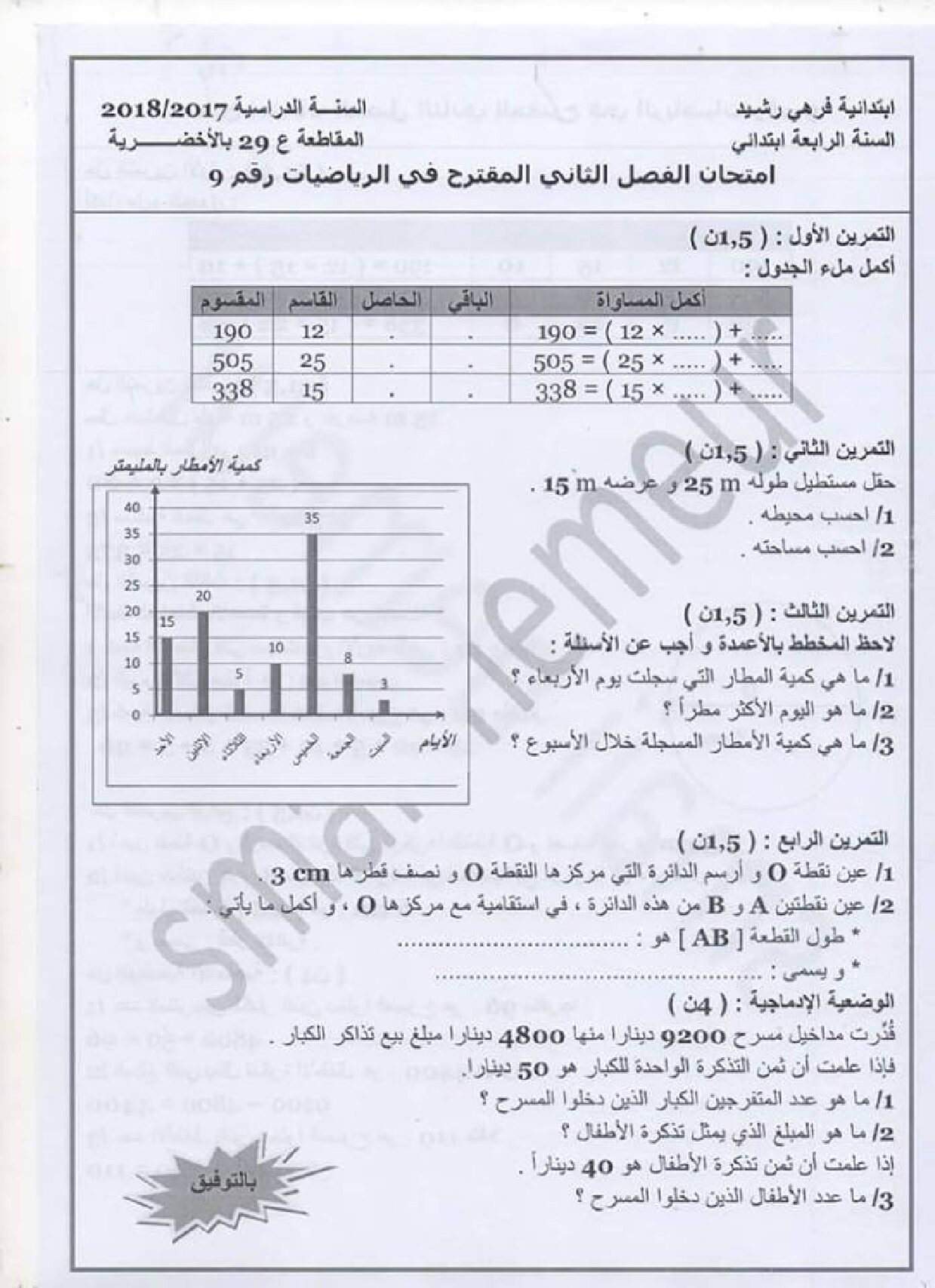 إختبار الفصل الثاني في الرياضيات السنة الرابعة ابتدائي رقم 22 مع التصحيح