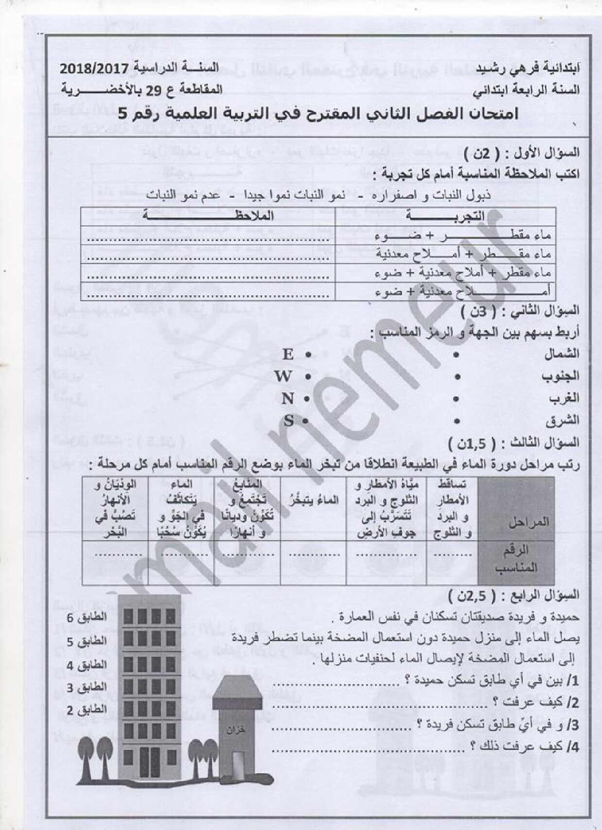 إختبار الفصل الثاني في التربية العلمية السنة الرابعة ابتدائي رقم 23 مع التصحيح