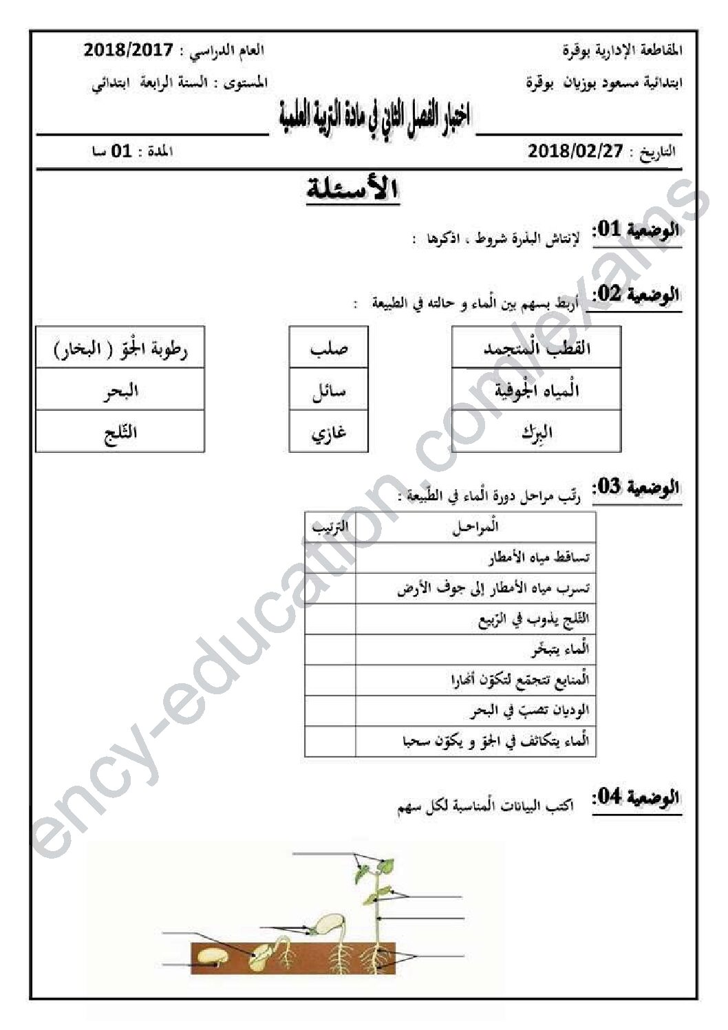 إختبار الفصل الثاني في التربية العلمية السنة الرابعة ابتدائي رقم 38