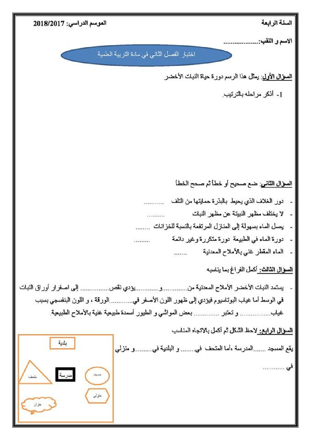 إختبار الفصل الثاني في التربية العلمية السنة الرابعة ابتدائي رقم 40