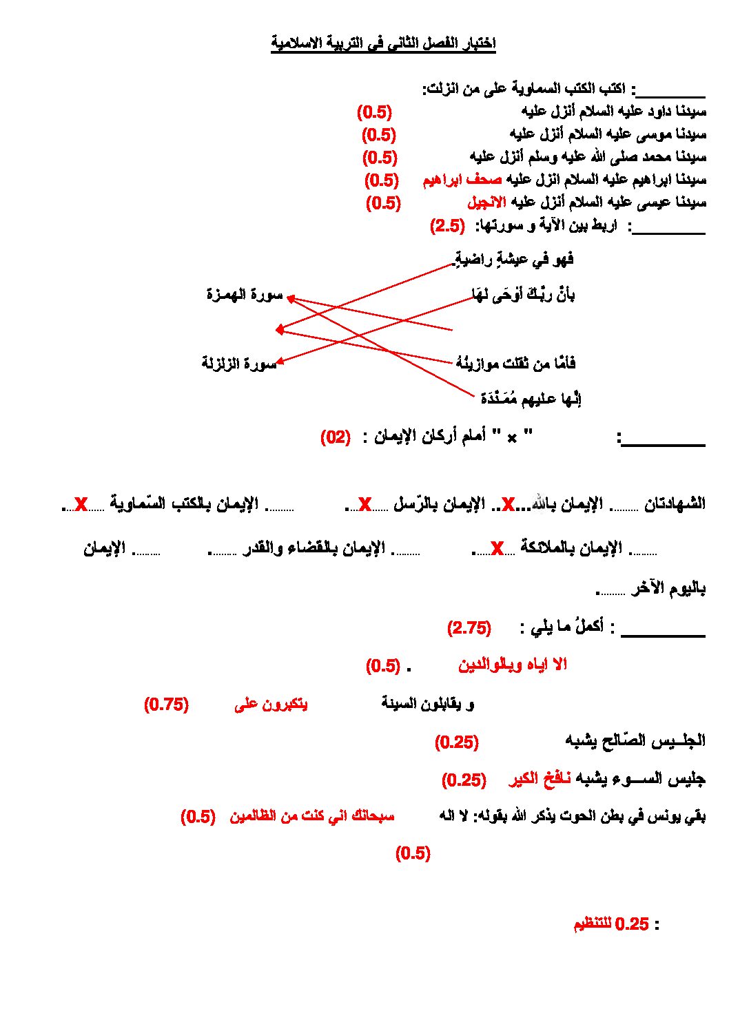إختبار الفصل الثاني في التربية الإسلامية السنة الرابعة ابتدائي رقم 05