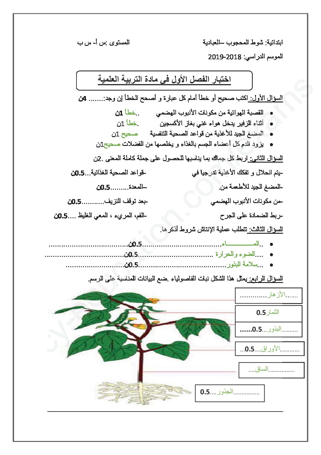 إختبار الفصل الأول في التربية العلمية السنة الرابعة ابتدائي رقم 50