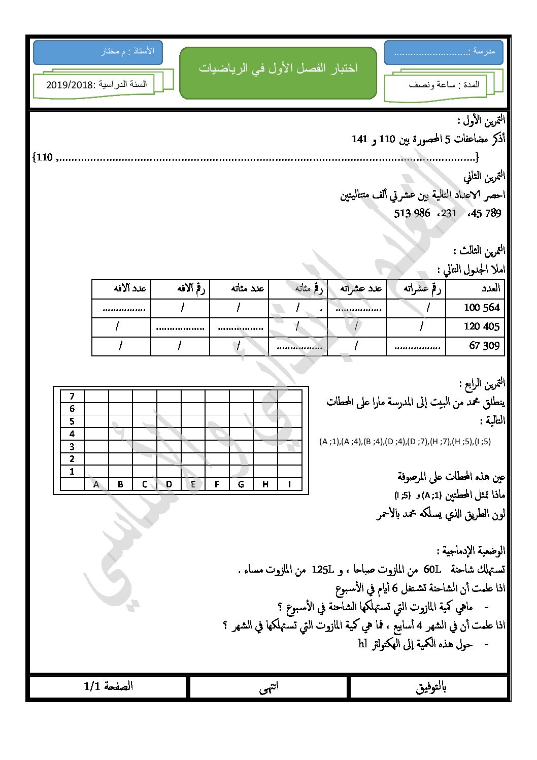 إختبار الفصل الأول في الرياضيات السنة الرابعة ابتدائي رقم 54