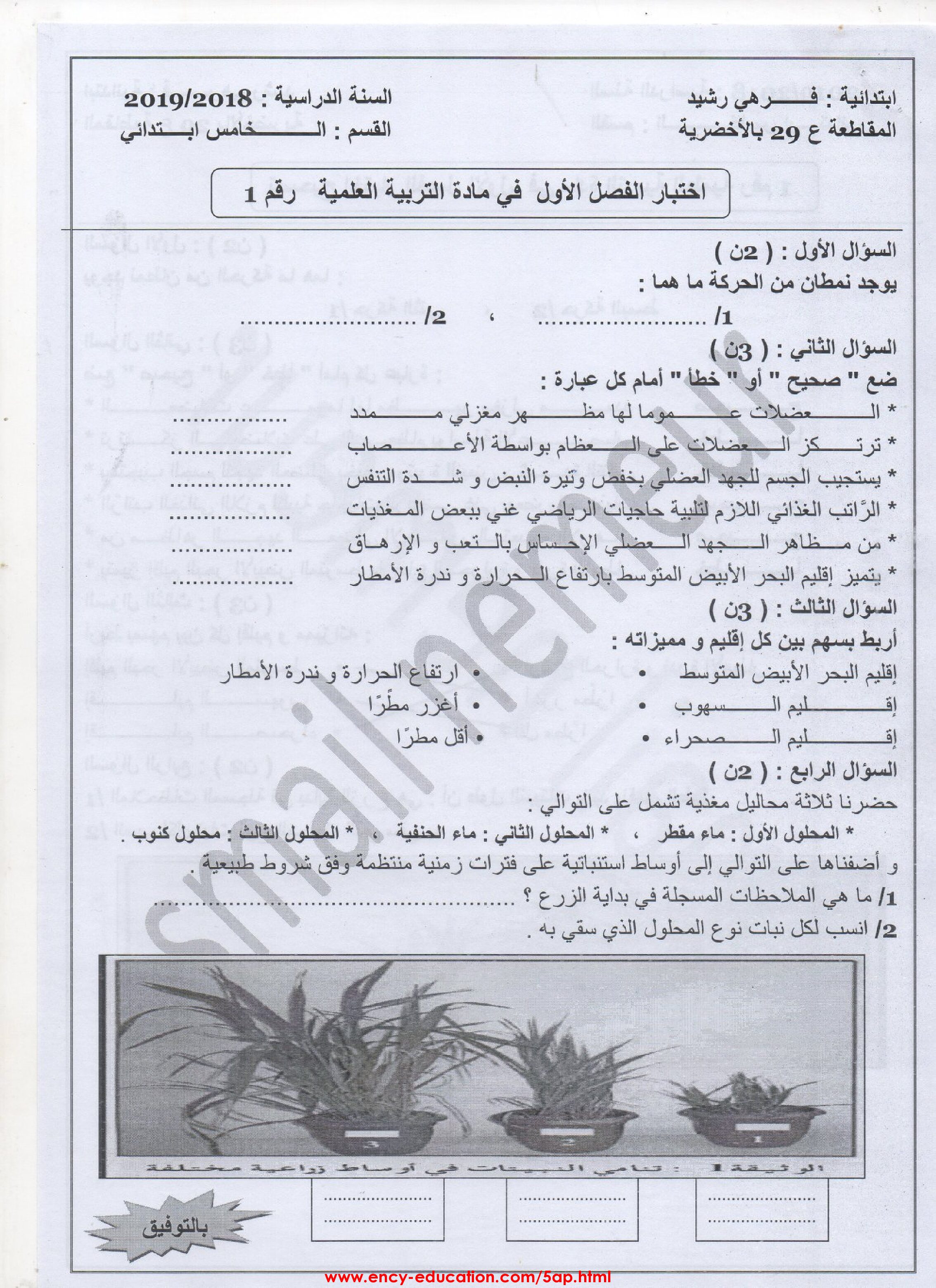 إختبارات الفصل الأول في التربية العلمية مع الحل 5 إبتدائي