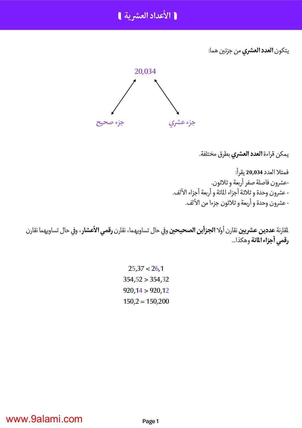 الأعداد العشرية رياضيات للسنة الرابعة ابتدائي