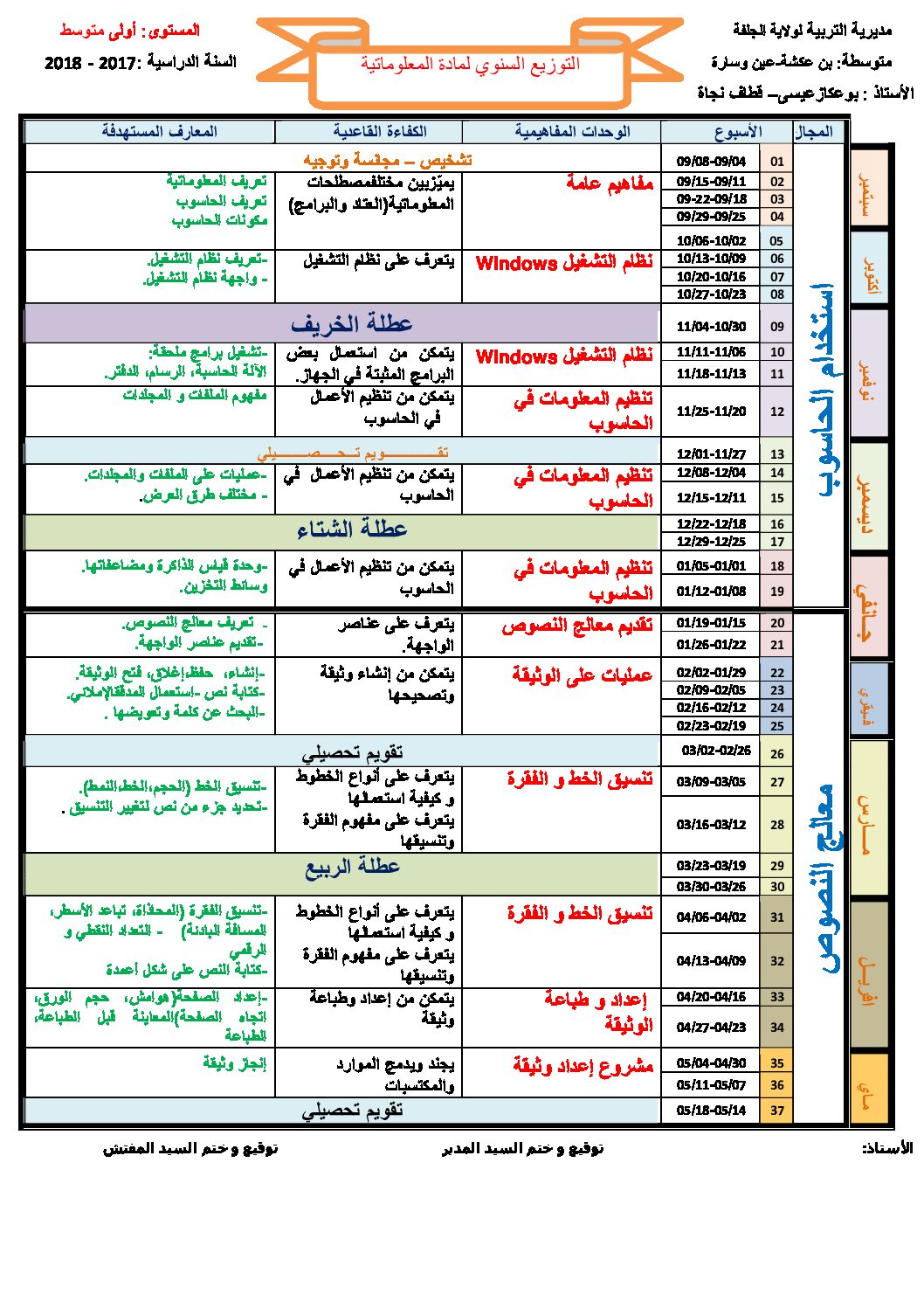 التوزيع السنوي الجديد 2018 لمادة الإعلام الآلي 1 متوسط