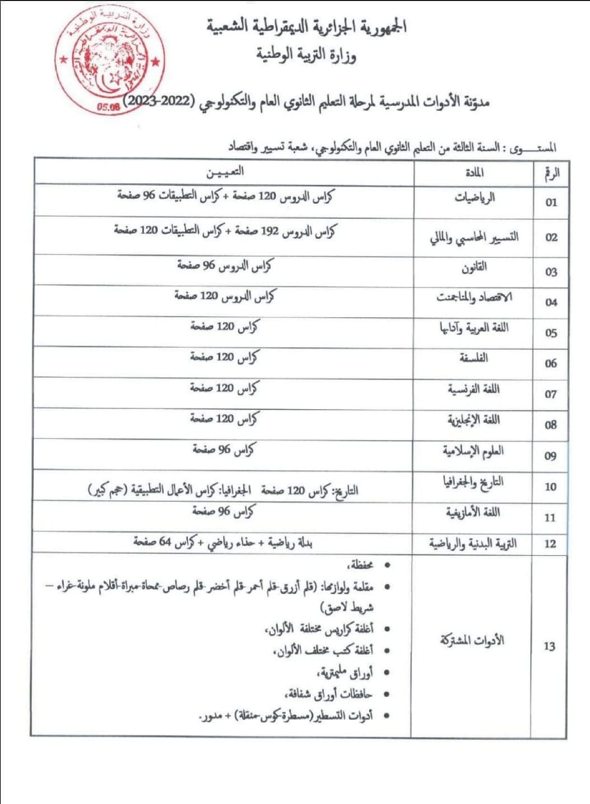 قائمة الأدوات المدرسية للسنة الثالثة ثانوي شعبة تسيير واقتصاد