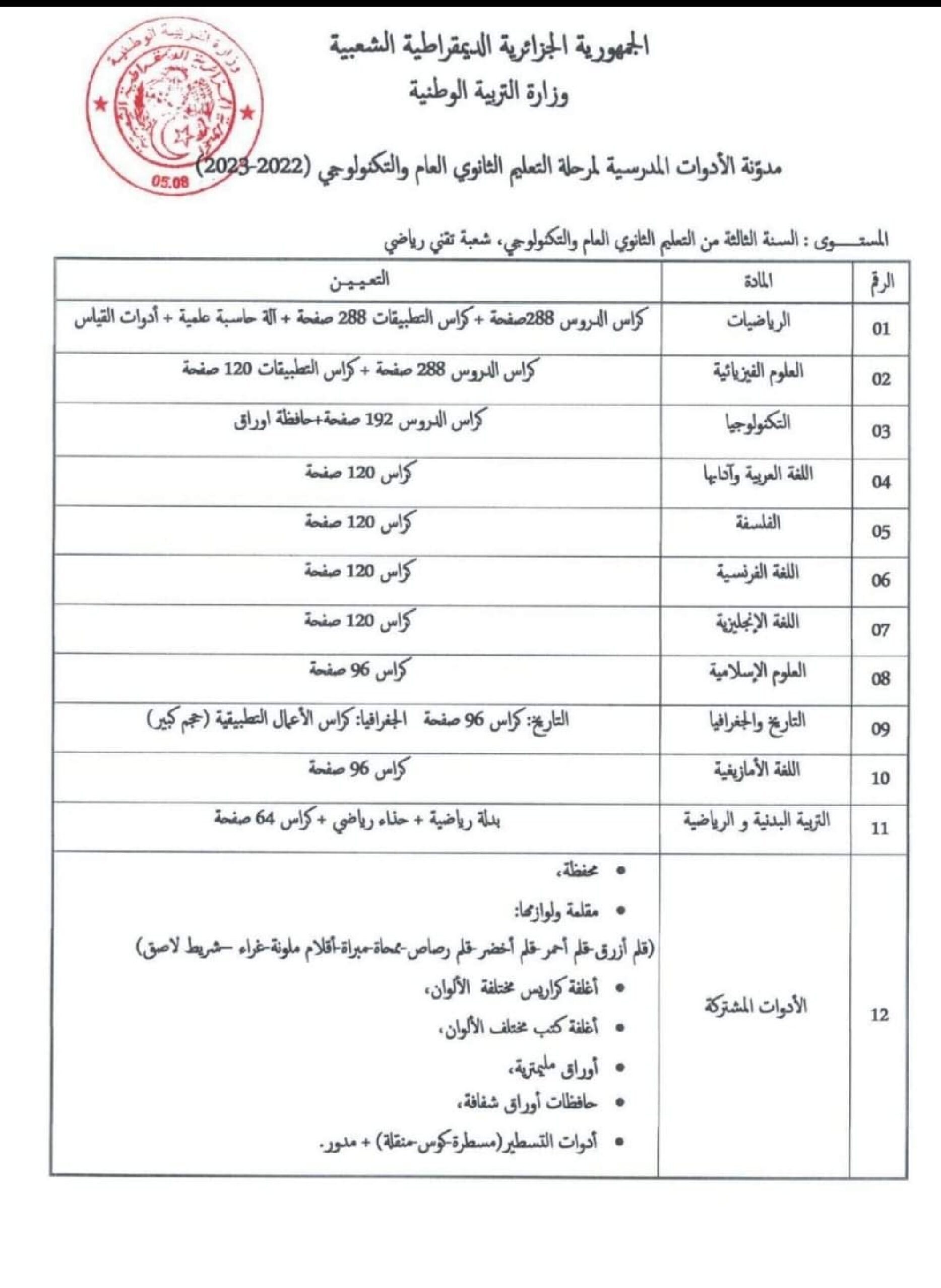 قائمة الأدوات المدرسية للسنة الثالثة ثانوي شعبة تقني رياضي