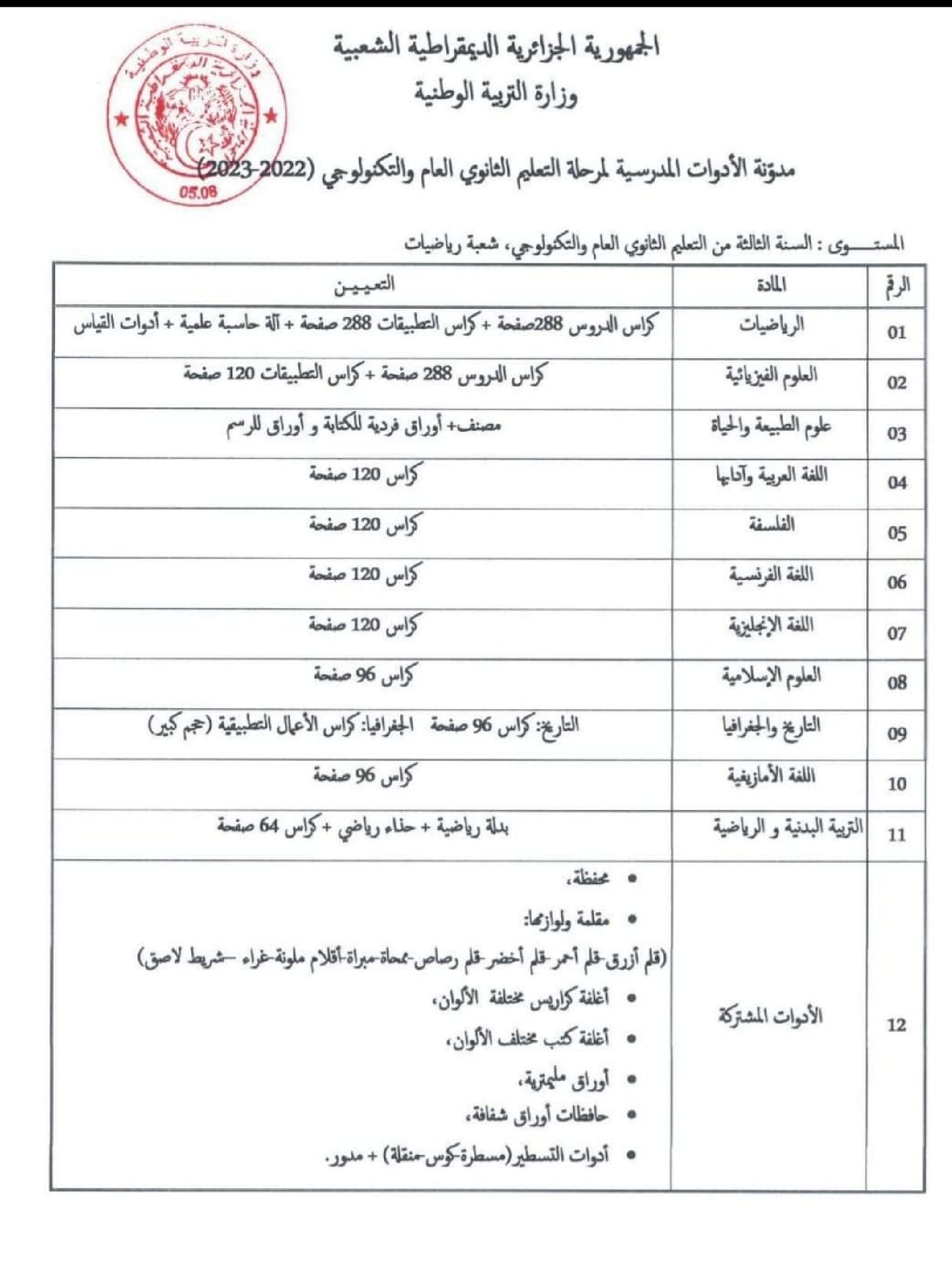 قائمة الأدوات المدرسية للسنة الثالثة ثانوي شعبة رياضيات