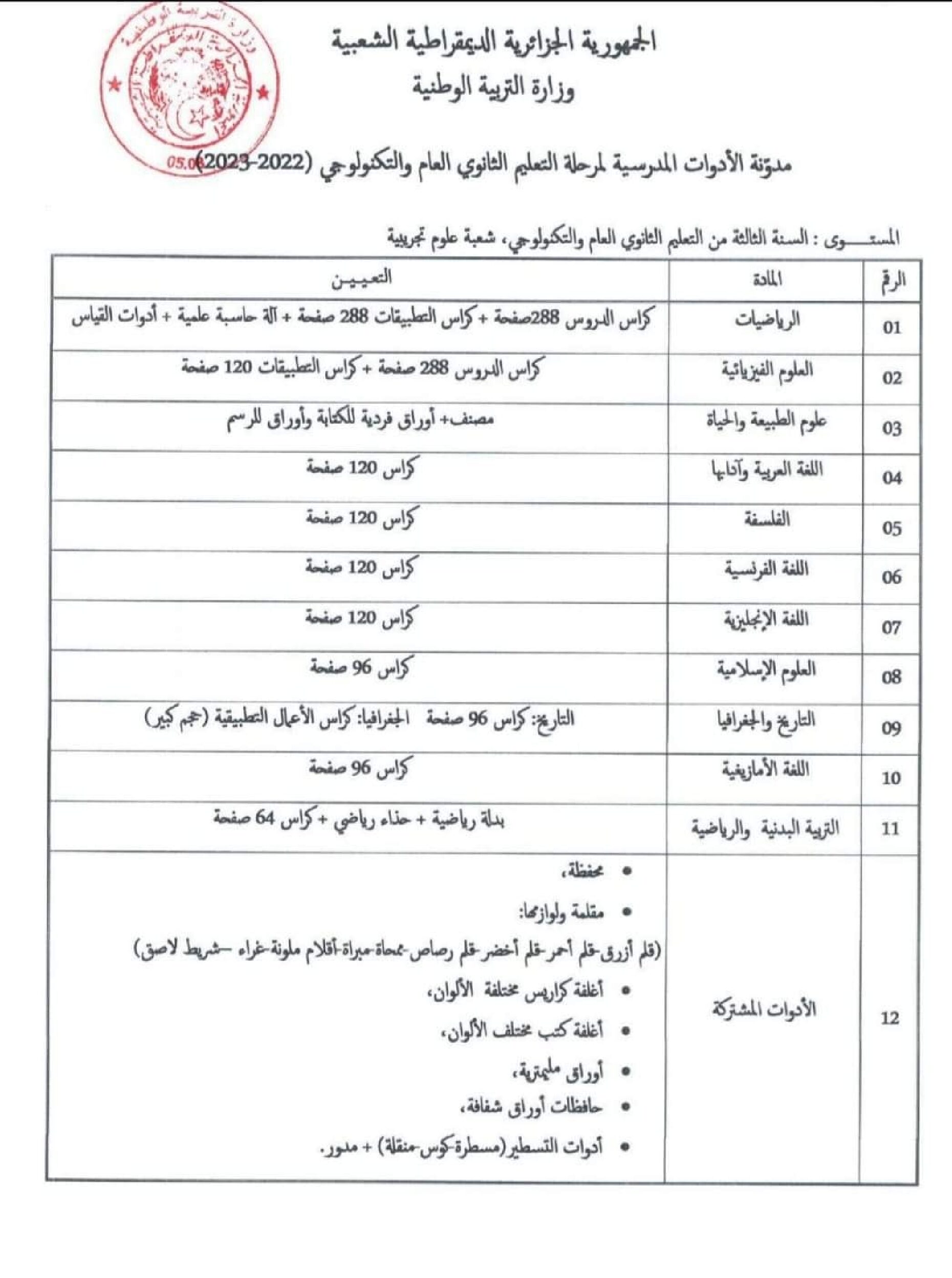 قائمة الأدوات المدرسية للسنة الثالثة ثانوي شعبة علوم تجريبية