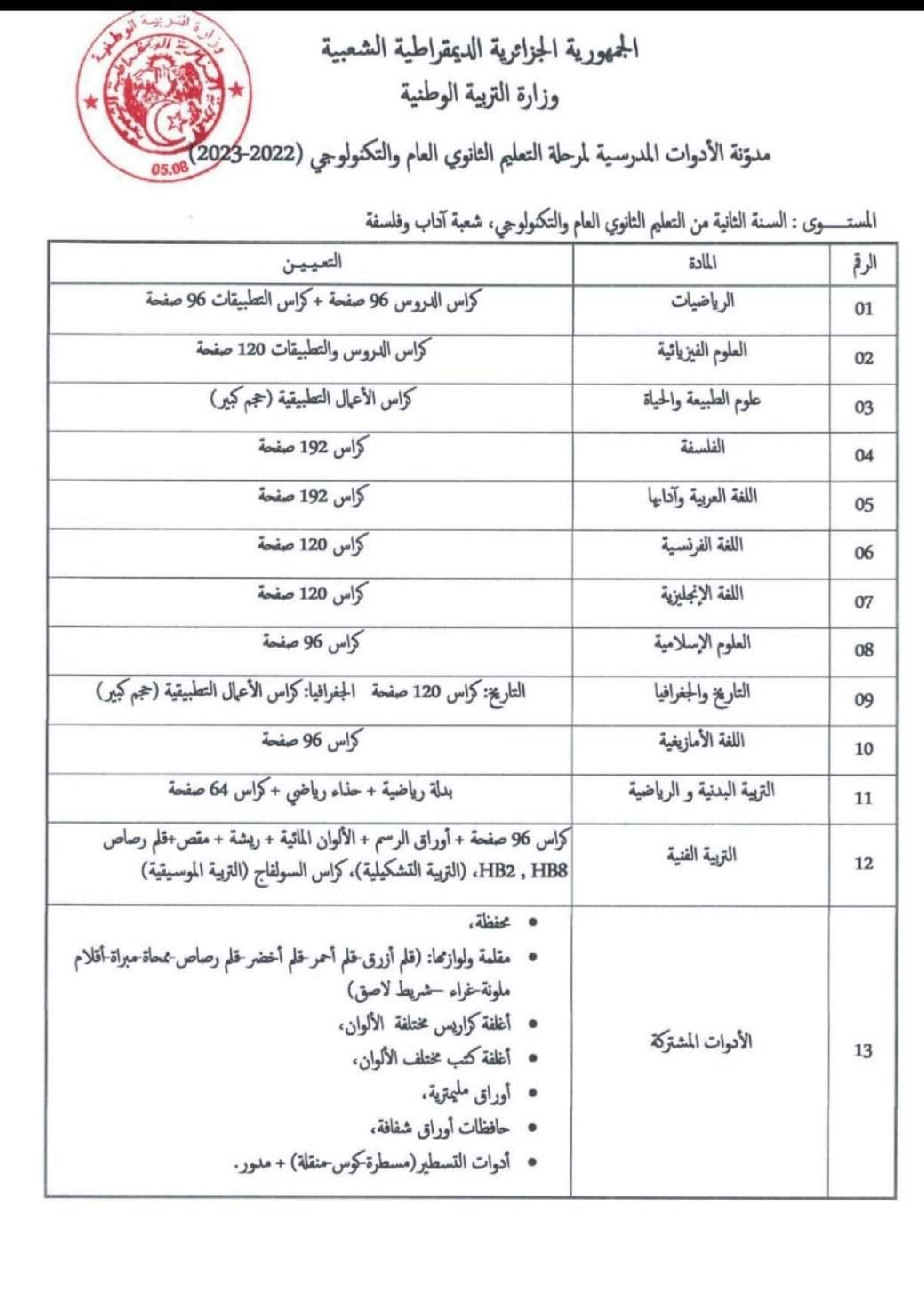قائمة الأدوات المدرسية للسنة الثانية ثانوي شعبة آداب وفلسفة