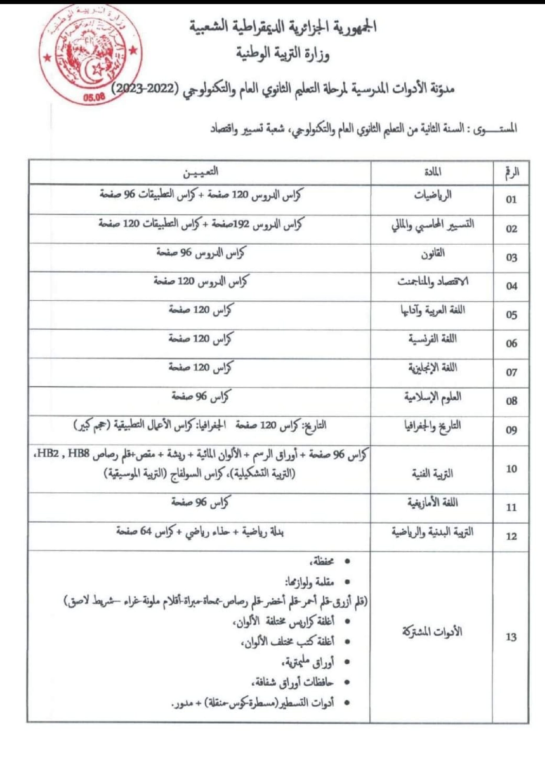 قائمة الأدوات المدرسية للسنة الثانية ثانوي شعبة تسيير واقتصاد