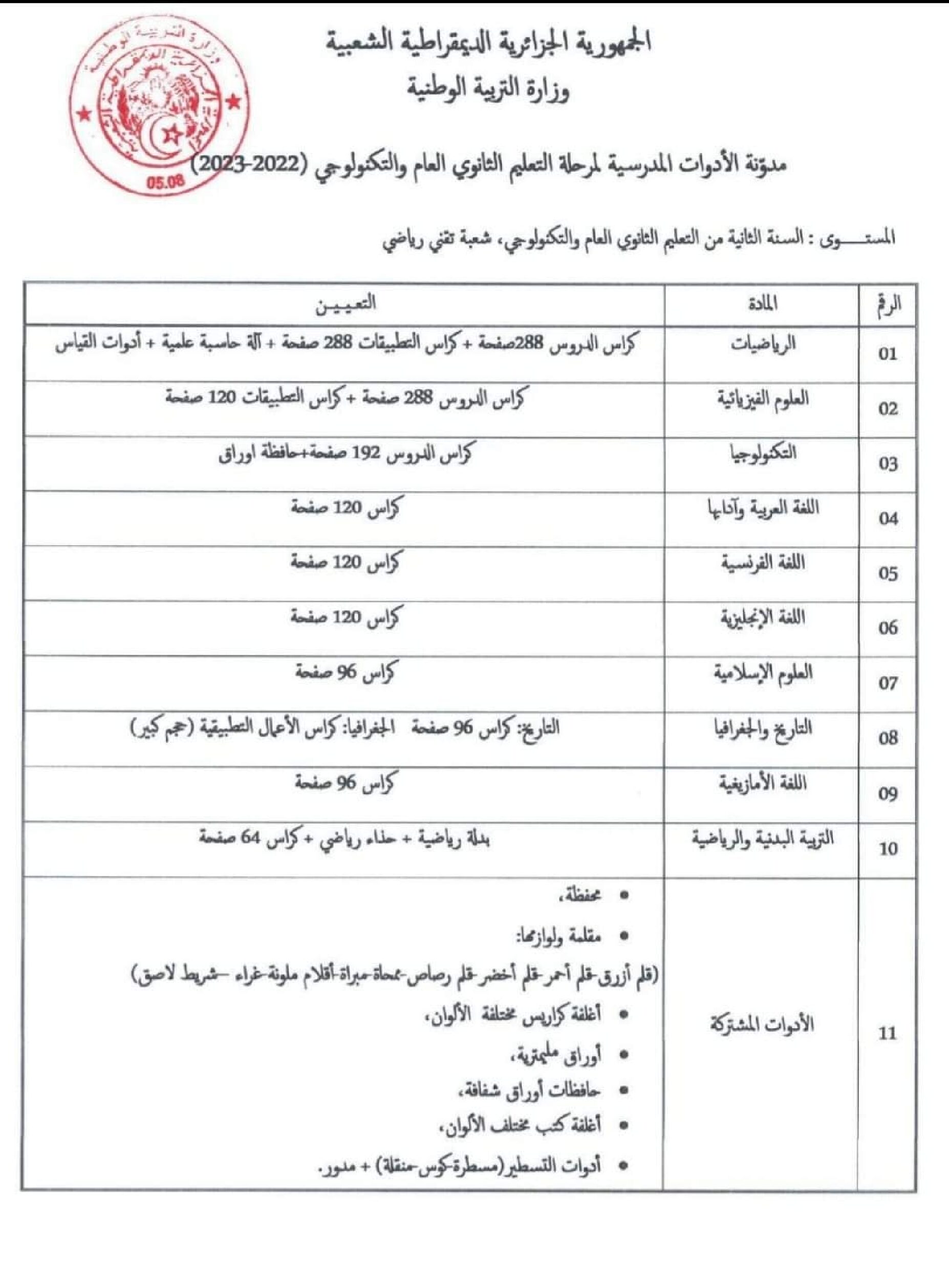 قائمة الأدوات المدرسية للسنة الثانية ثانوي شعبة تقني رياضي