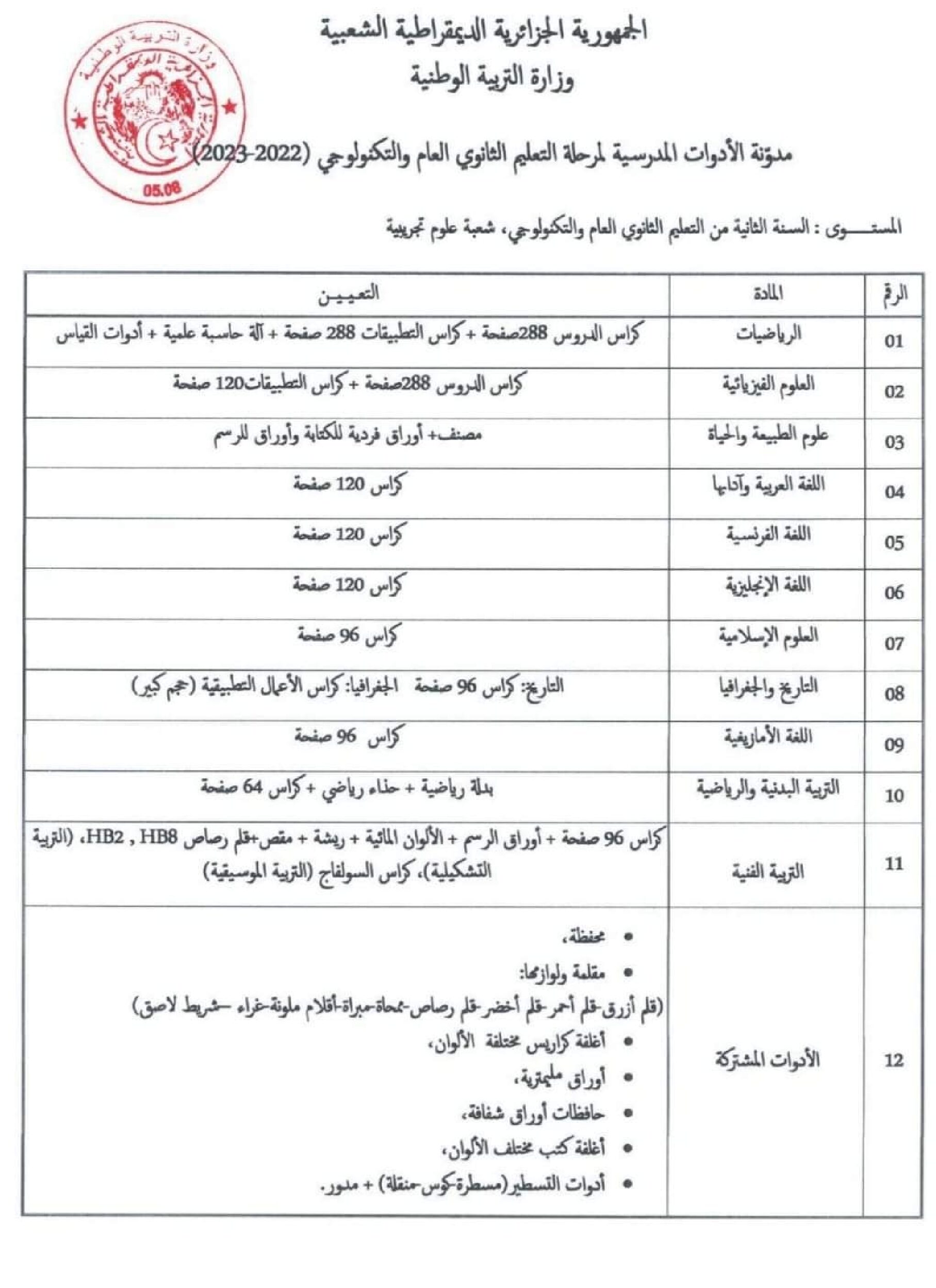 قائمة الأدوات المدرسية للسنة الثانية ثانوي شعبة علوم تجريبية