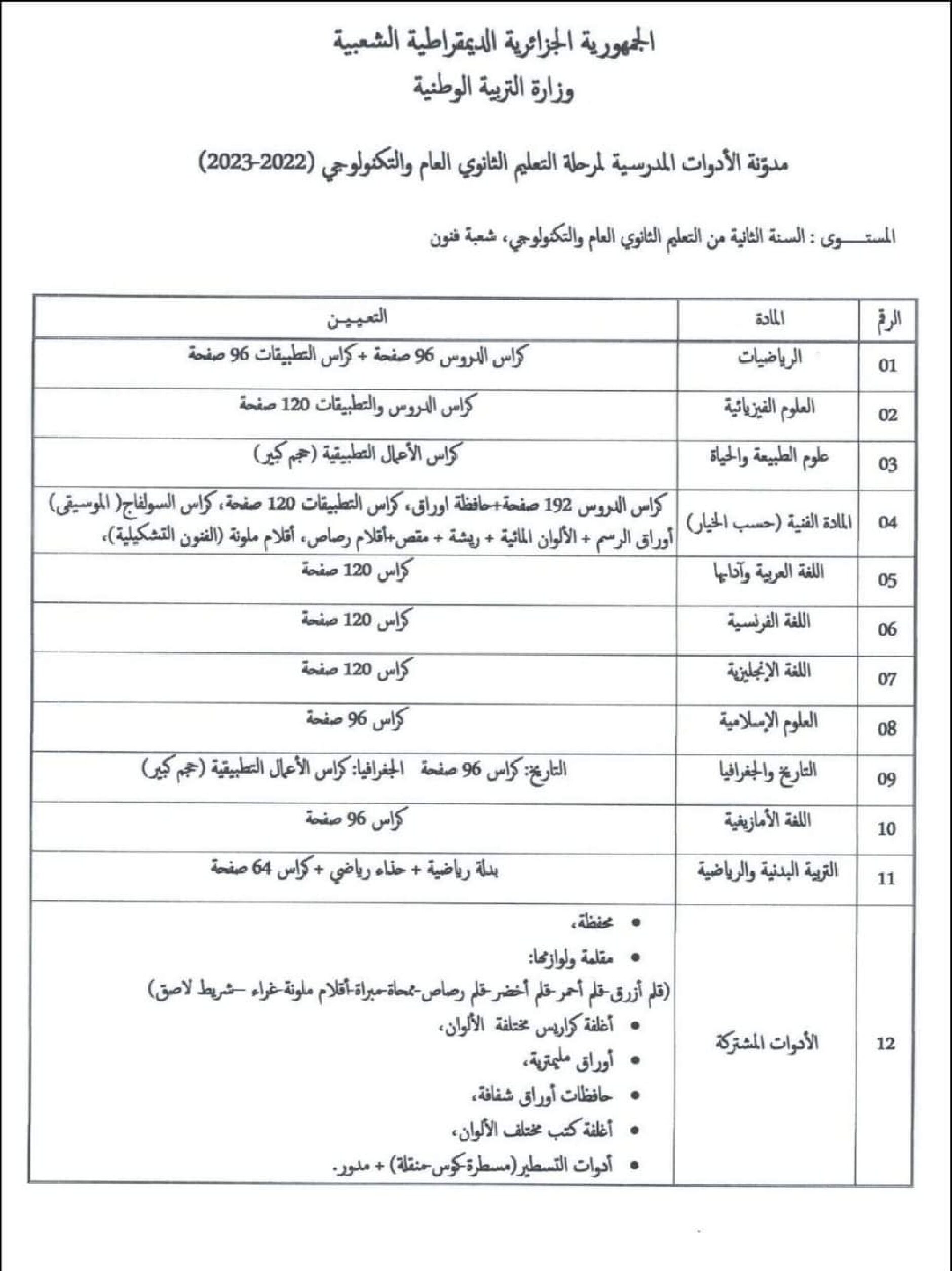 قائمة الأدوات المدرسية للسنة الثانية ثانوي شعبة فنون