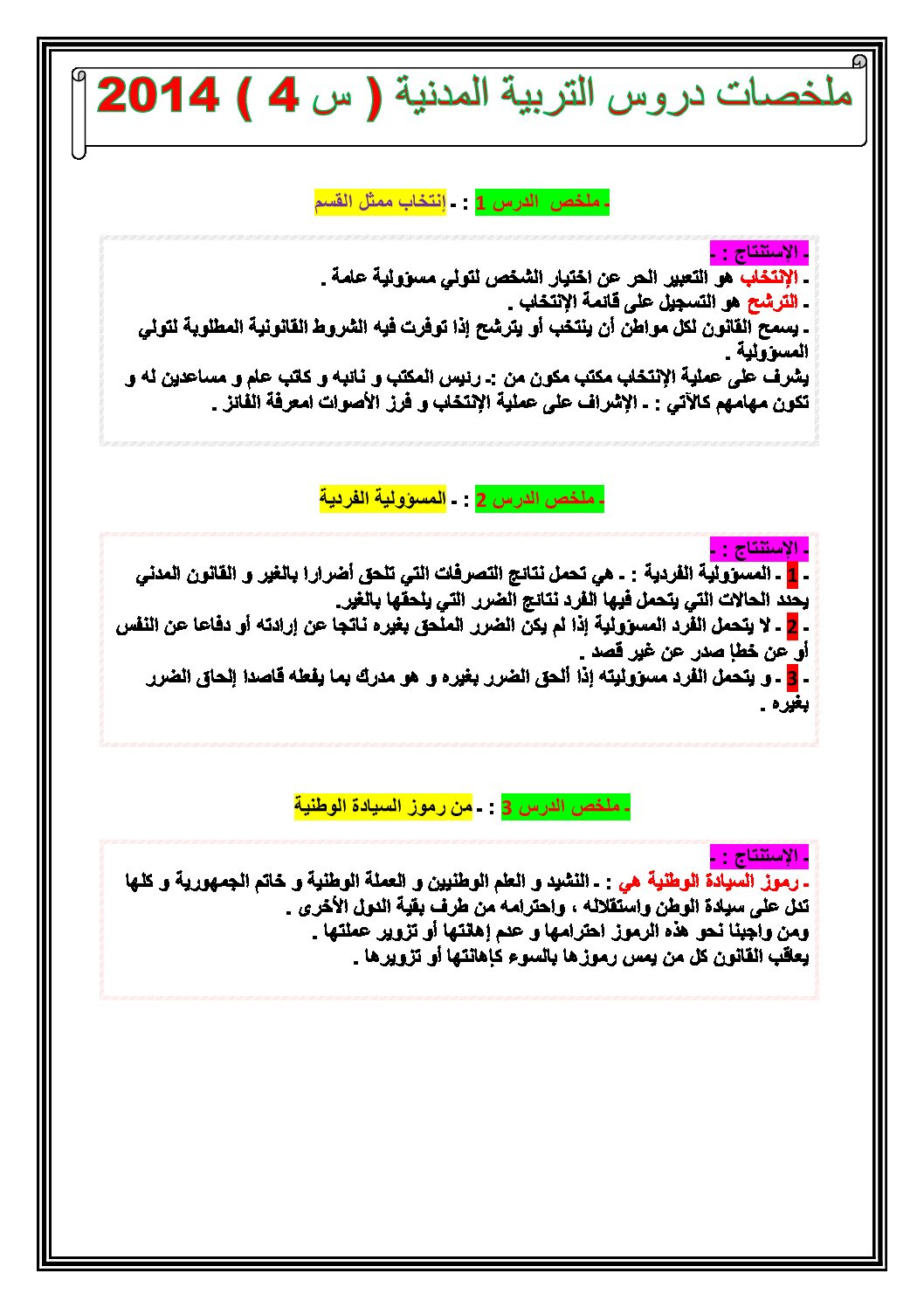 ملخصات دروس التربية المدنية للسنة الرابعة ابتدائي