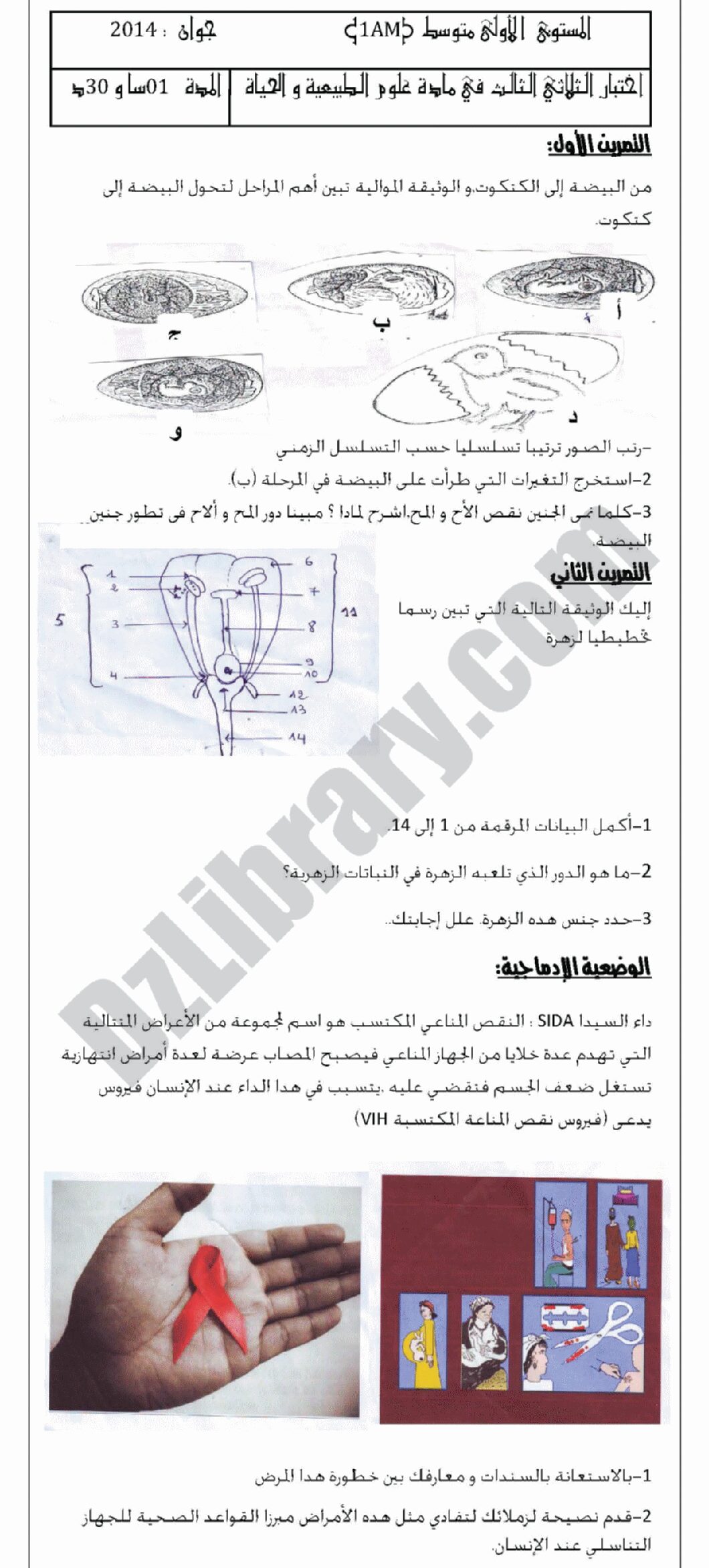 اختبار في العلوم الطبيعية الفصل الثالث السنة الأولى متوسط رقم 01 مع التصحيح