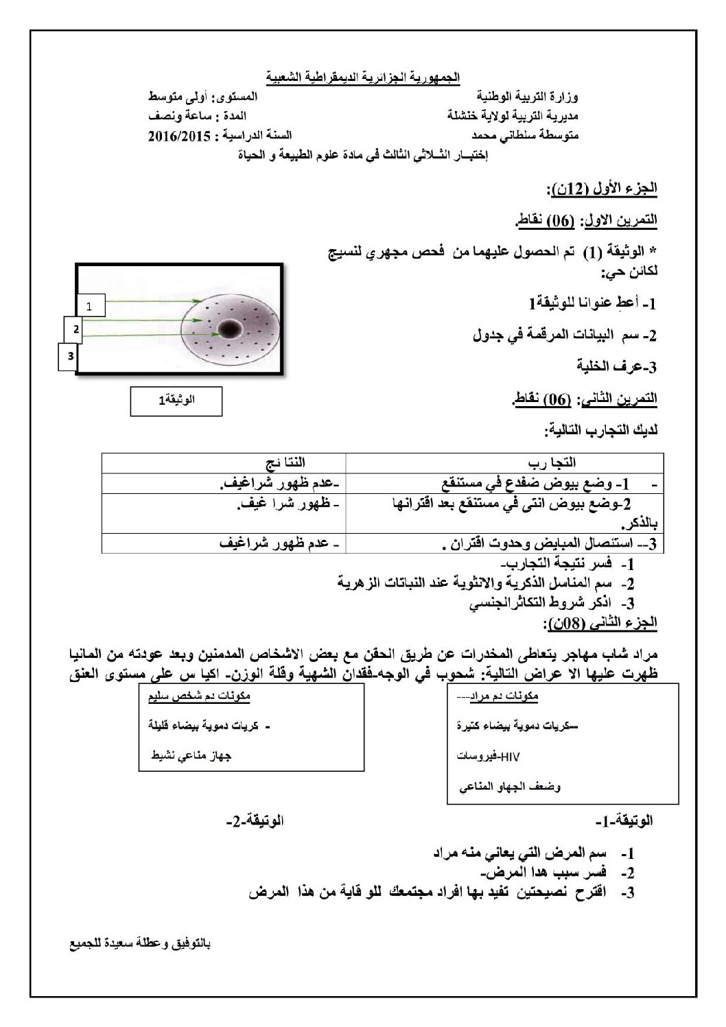 اختبار في العلوم الطبيعية الفصل الثالث السنة الأولى متوسط رقم 10
