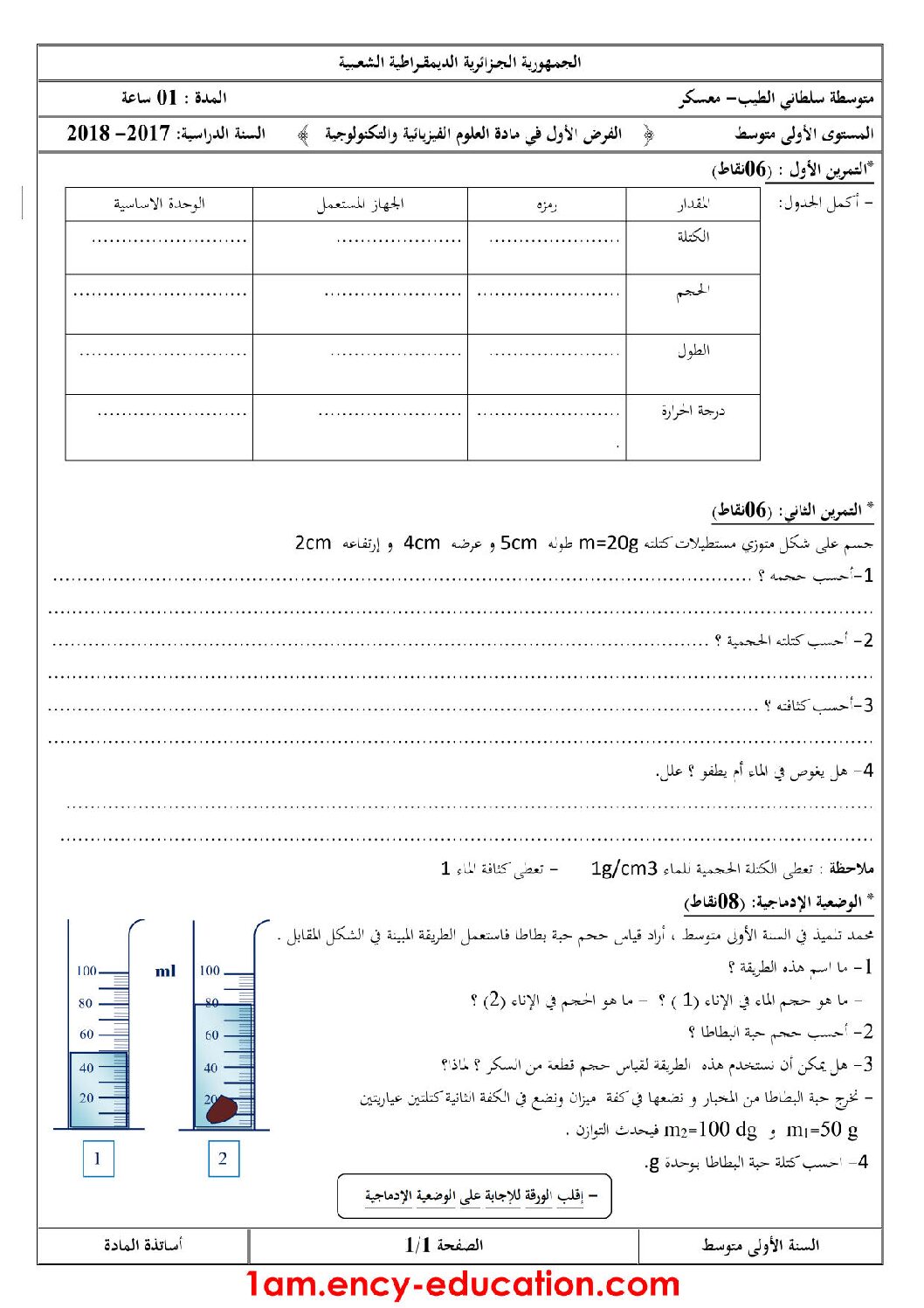 فرض في العلوم الفيزيائية الفصل الأول السنة الأولى متوسط رقم 10