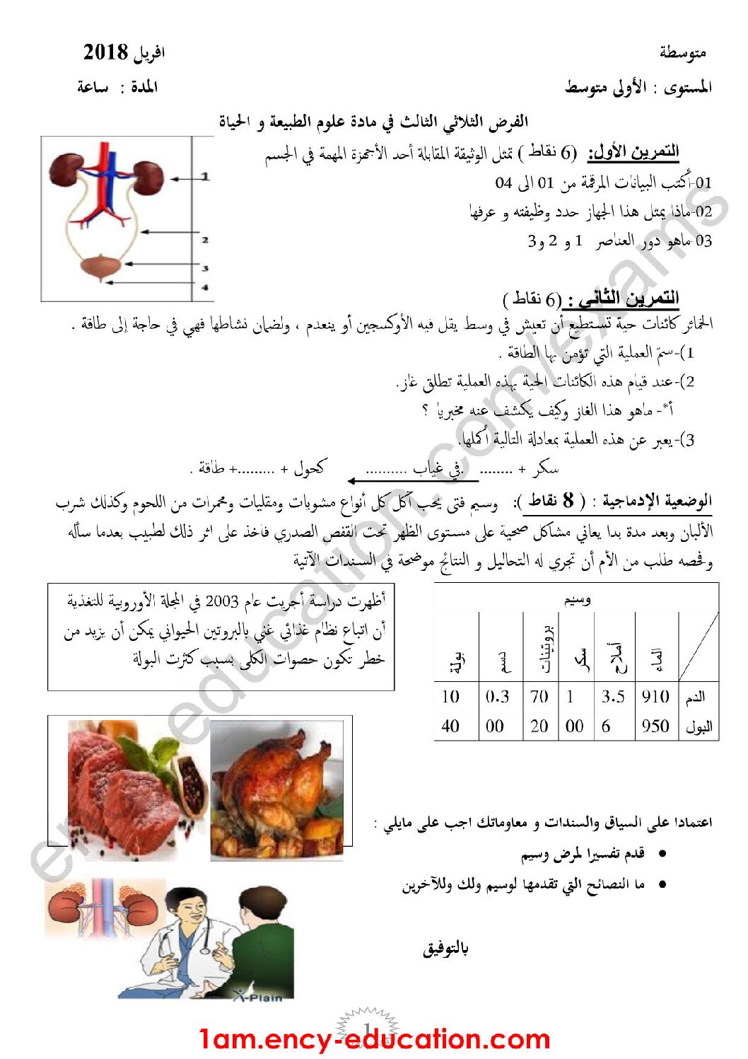فرض في العلوم الطبيعية الفصل الثالث السنة الأولى متوسط رقم 10