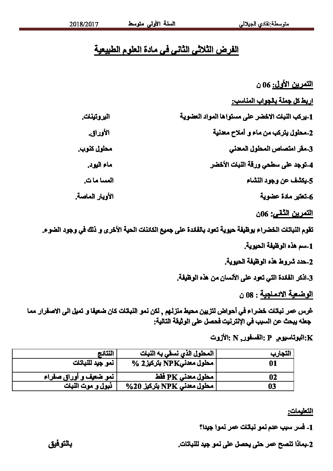 فرض في العلوم الطبيعية الفصل الثاني السنة الأولى متوسط رقم 11