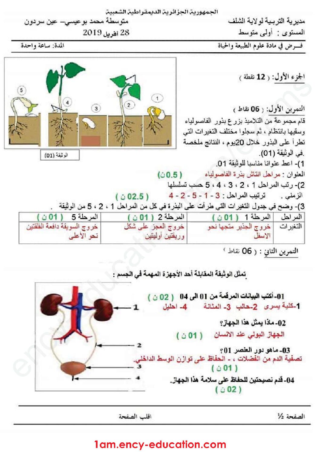 فرض في العلوم الطبيعية الفصل الثالث السنة الأولى متوسط رقم 12 مع التصحيح