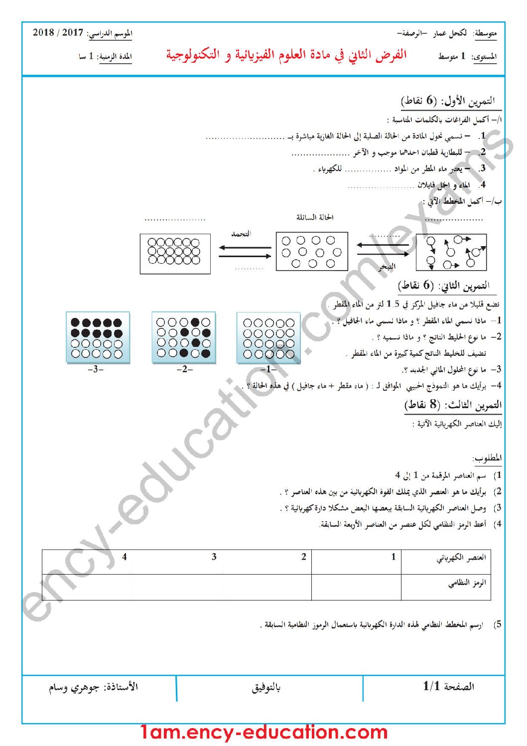 فرض في العلوم الفيزيائية الفصل الثاني السنة الأولى متوسط رقم 12