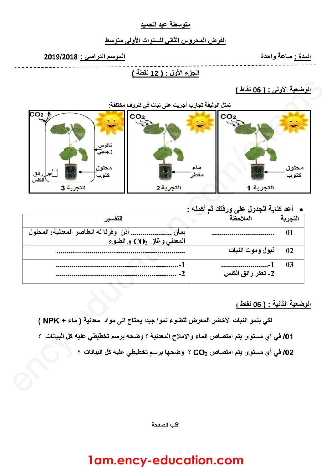 فرض في العلوم الطبيعية الفصل الثاني السنة الأولى متوسط رقم 13