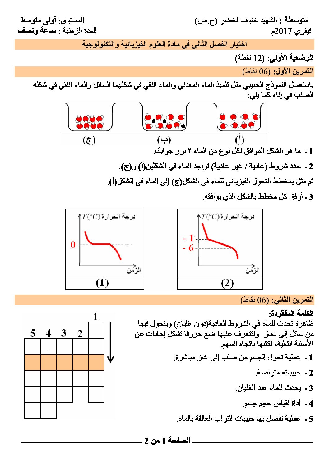 اختبار في العلوم الفيزيائية الفصل الثاني السنة الأولى متوسط رقم 14 مع التصحيح