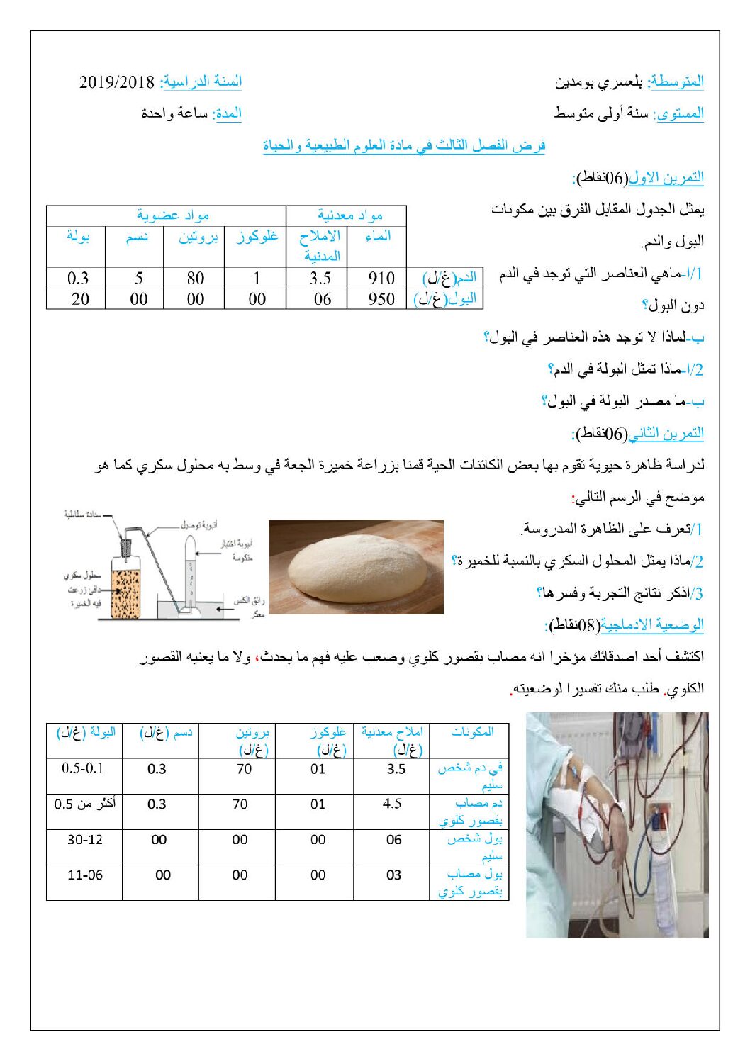 فرض في العلوم الطبيعية الفصل الثالث السنة الأولى متوسط رقم 14