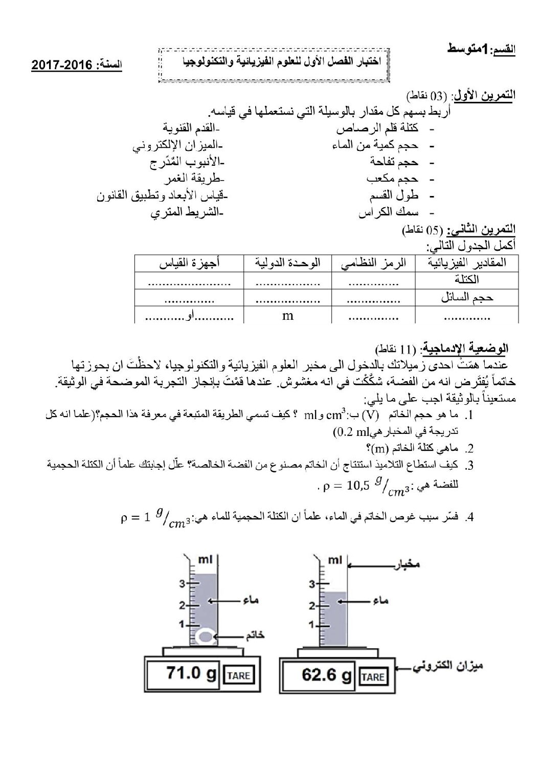 اختبار في العلوم الفيزيائية الفصل الأول السنة الأولى متوسط رقم 15