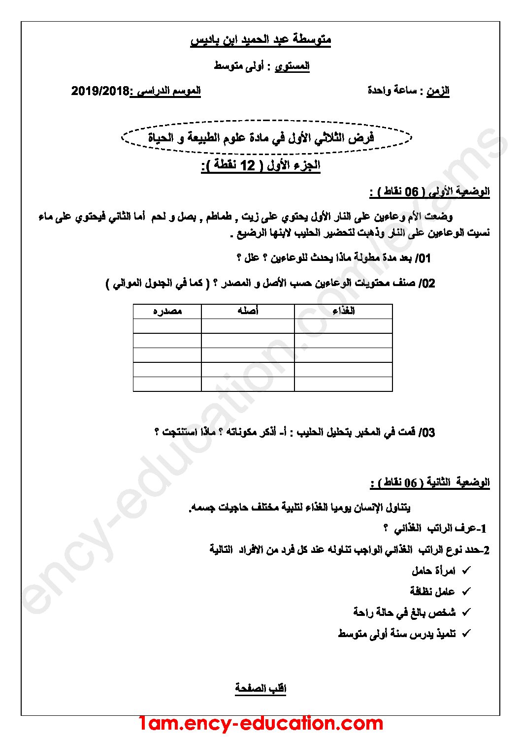 فرض في العلوم الطبيعية الفصل الأول السنة الأولى متوسط رقم 15 مع التصحيح