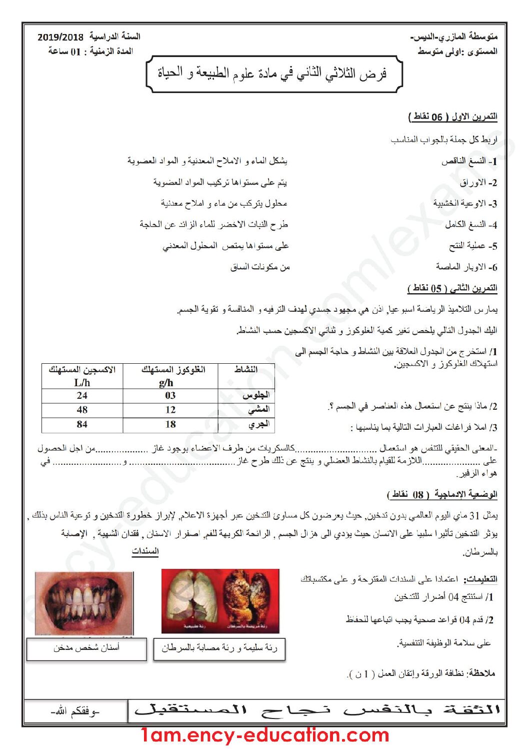 فرض في العلوم الطبيعية الفصل الثاني السنة الأولى متوسط رقم 16